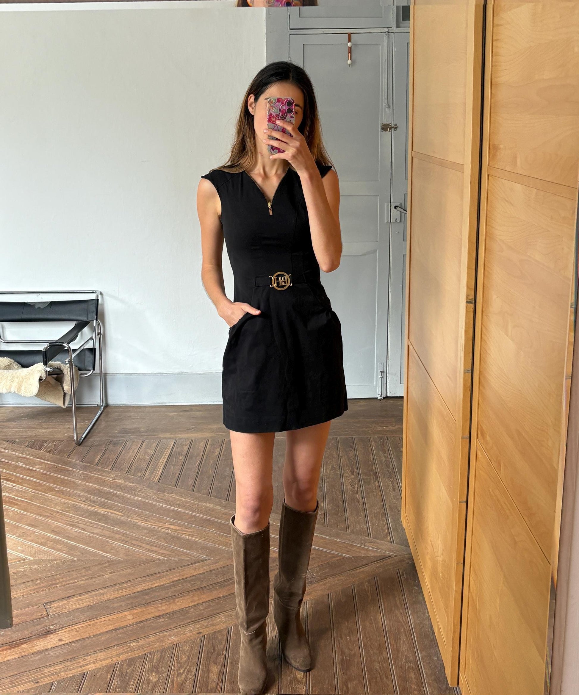 Vintage Pedro del Hierro elegant black mini dress, Sexy feminine curve short black formal dress by Spanish designer label