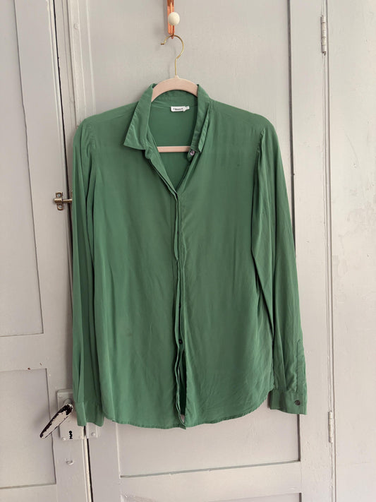 Vintage Filippa K 100% Silk Button-Down Shirt in Sage Green, Size M, Elegant Classic Long Sleeve Blouse, Minimalist Chic Workwear Shirt