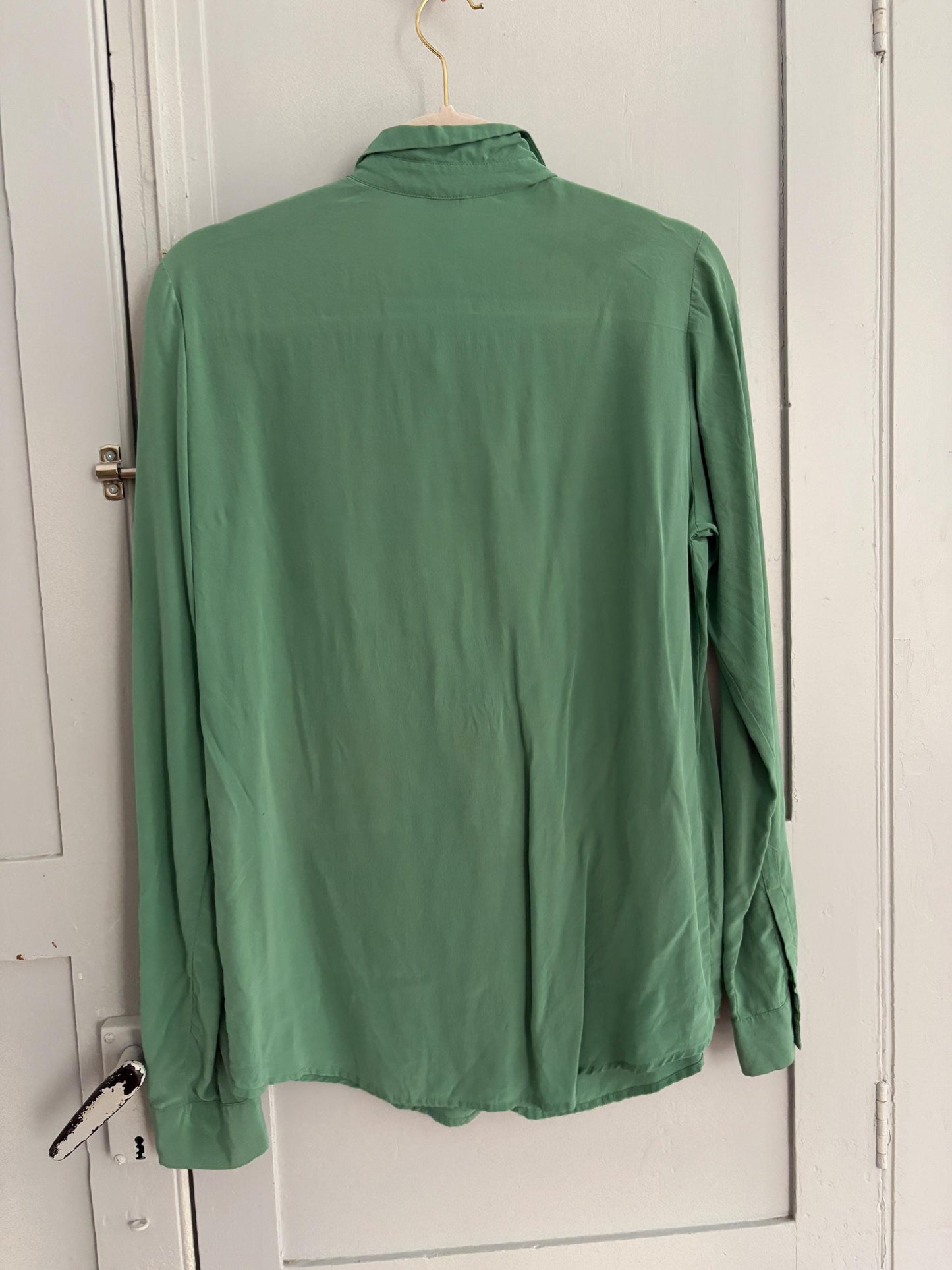 Vintage Filippa K 100% Silk Button-Down Shirt in Sage Green, Size M, Elegant Classic Long Sleeve Blouse, Minimalist Chic Workwear Shirt