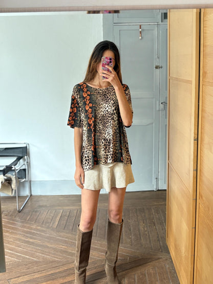 Vintage Leopard Floral Blouse, Boho Animal Print Top