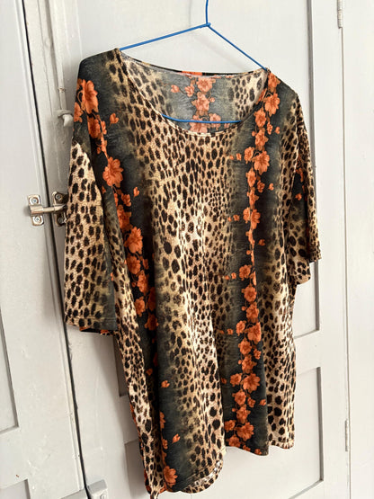 Vintage Leopard Floral Blouse, Boho Animal Print Top
