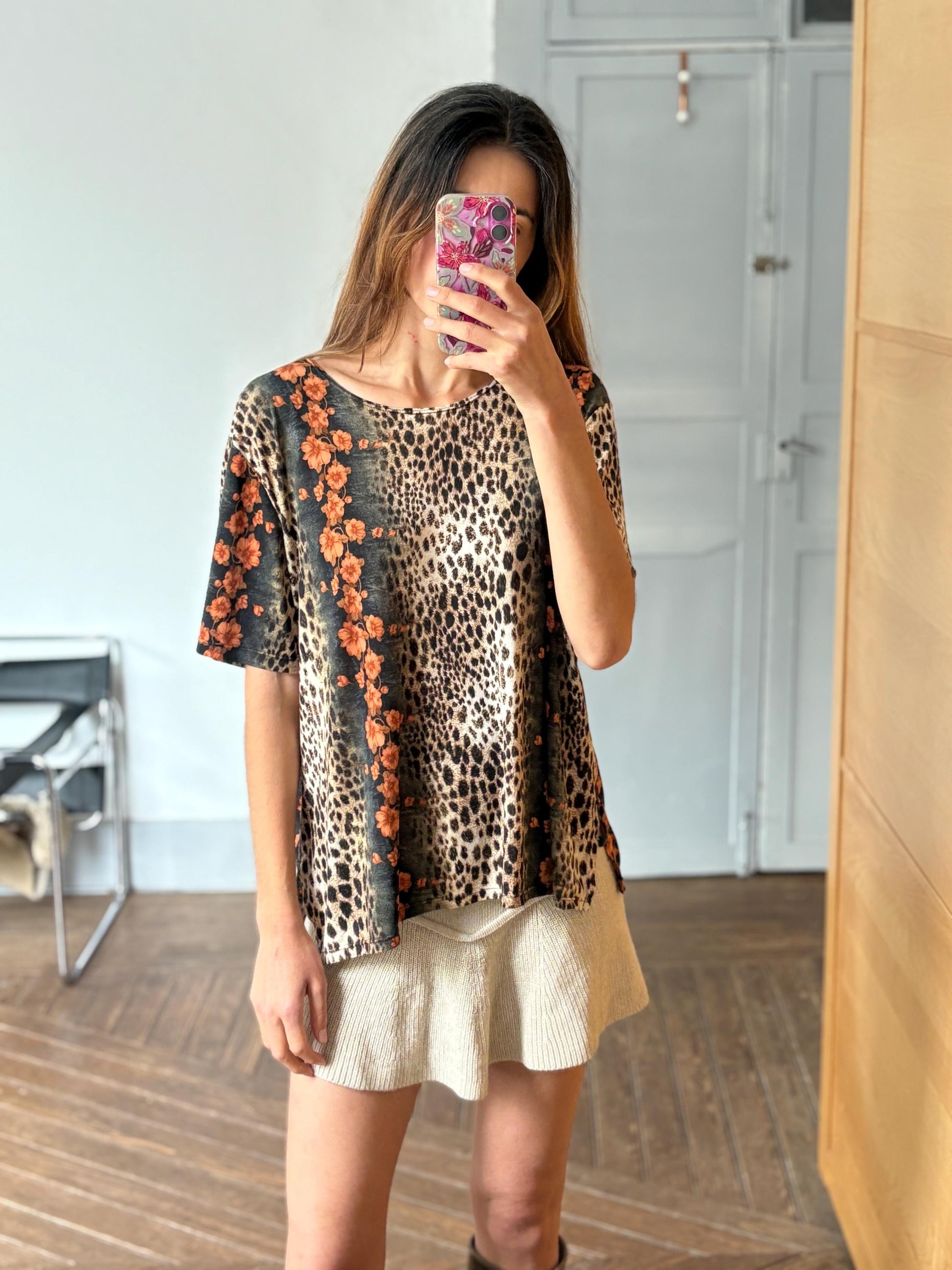 Leopard Print Floral Blouse, Bold Animal Print Top, Oversized Loose Fit Shirt, Vintage Statement Blouse, Women’s Size L, Boho Chic Fashion