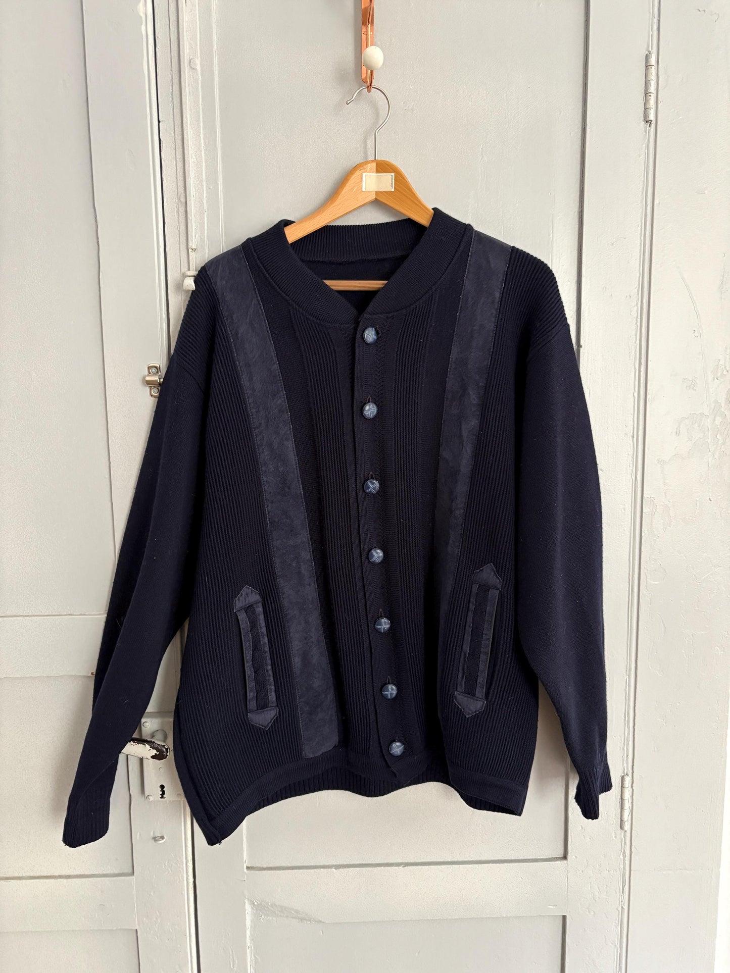 Navy blue vintage Men cardigan, Classic Dark Academia aesthetic jumper, Grandpa fashion winter knit wear