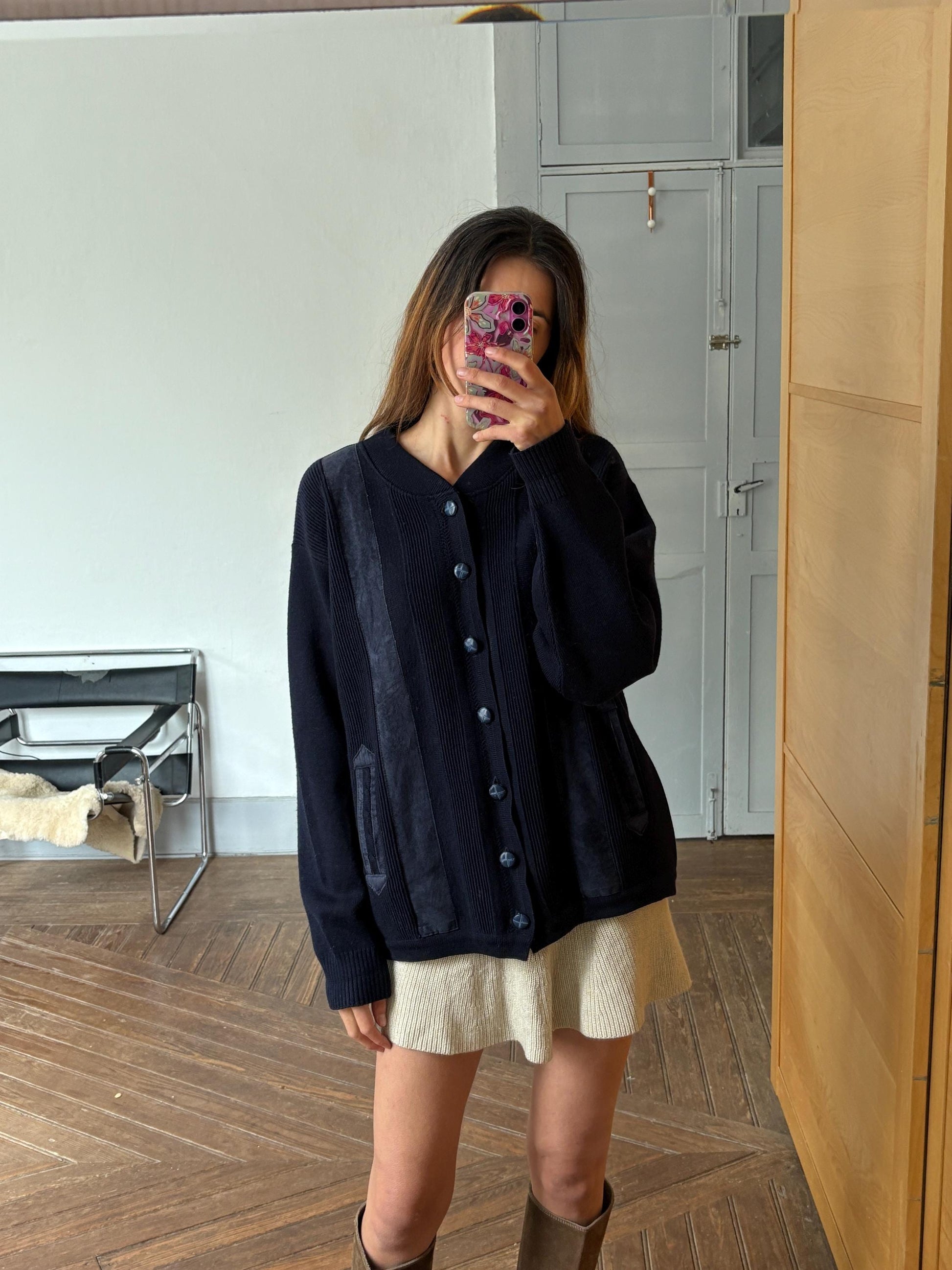 Navy blue vintage Men cardigan, Classic Dark Academia aesthetic jumper, Grandpa fashion winter knit wear