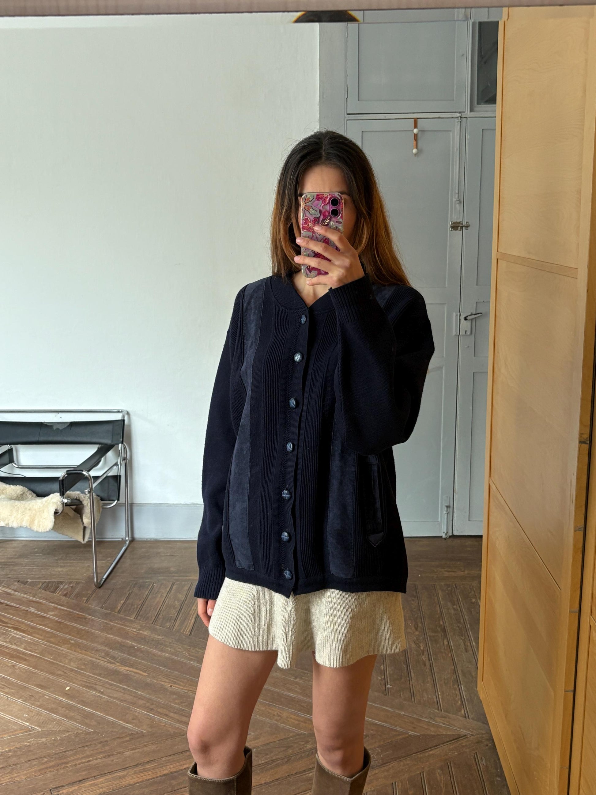 Navy blue vintage Men cardigan, Classic Dark Academia aesthetic jumper, Grandpa fashion winter knit wear