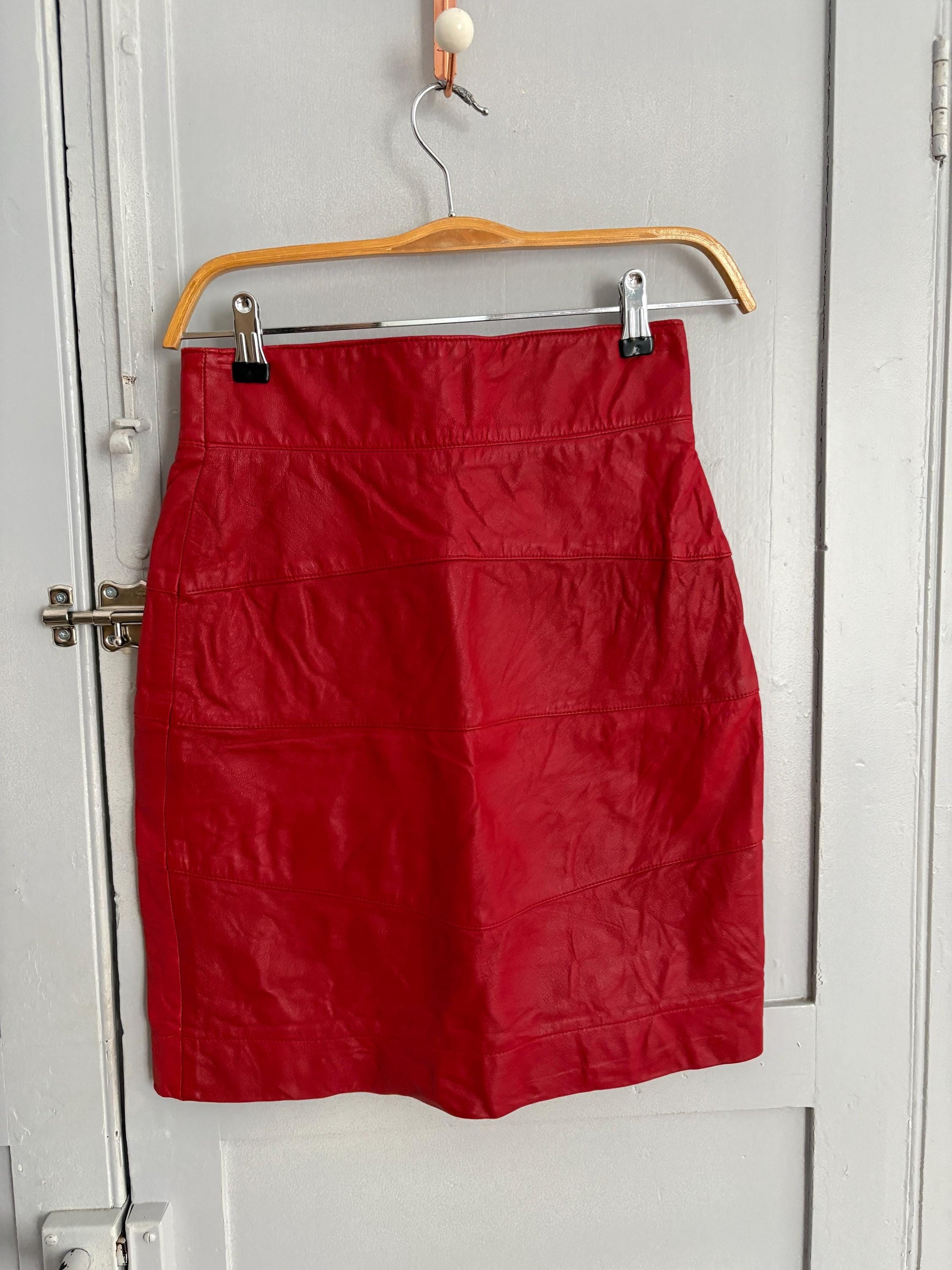 Vintage red leather pencil skirt for Saks fifth Avenue, Luxury designer warehouse high waist tight skirt, Emily in Paris statement outfit