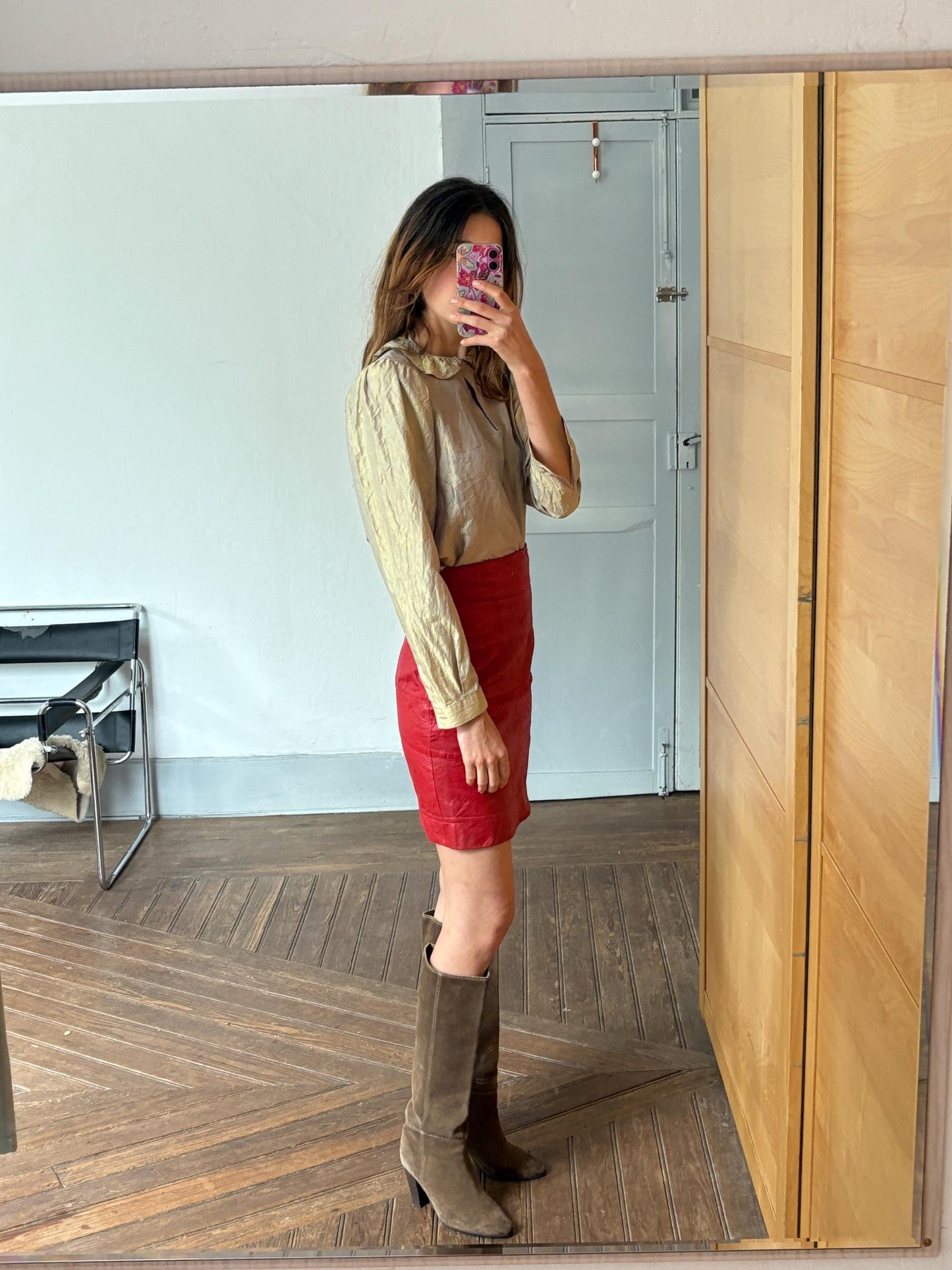 Vintage red leather pencil skirt for Saks fifth Avenue, Luxury designer warehouse high waist tight skirt, Emily in Paris statement outfit