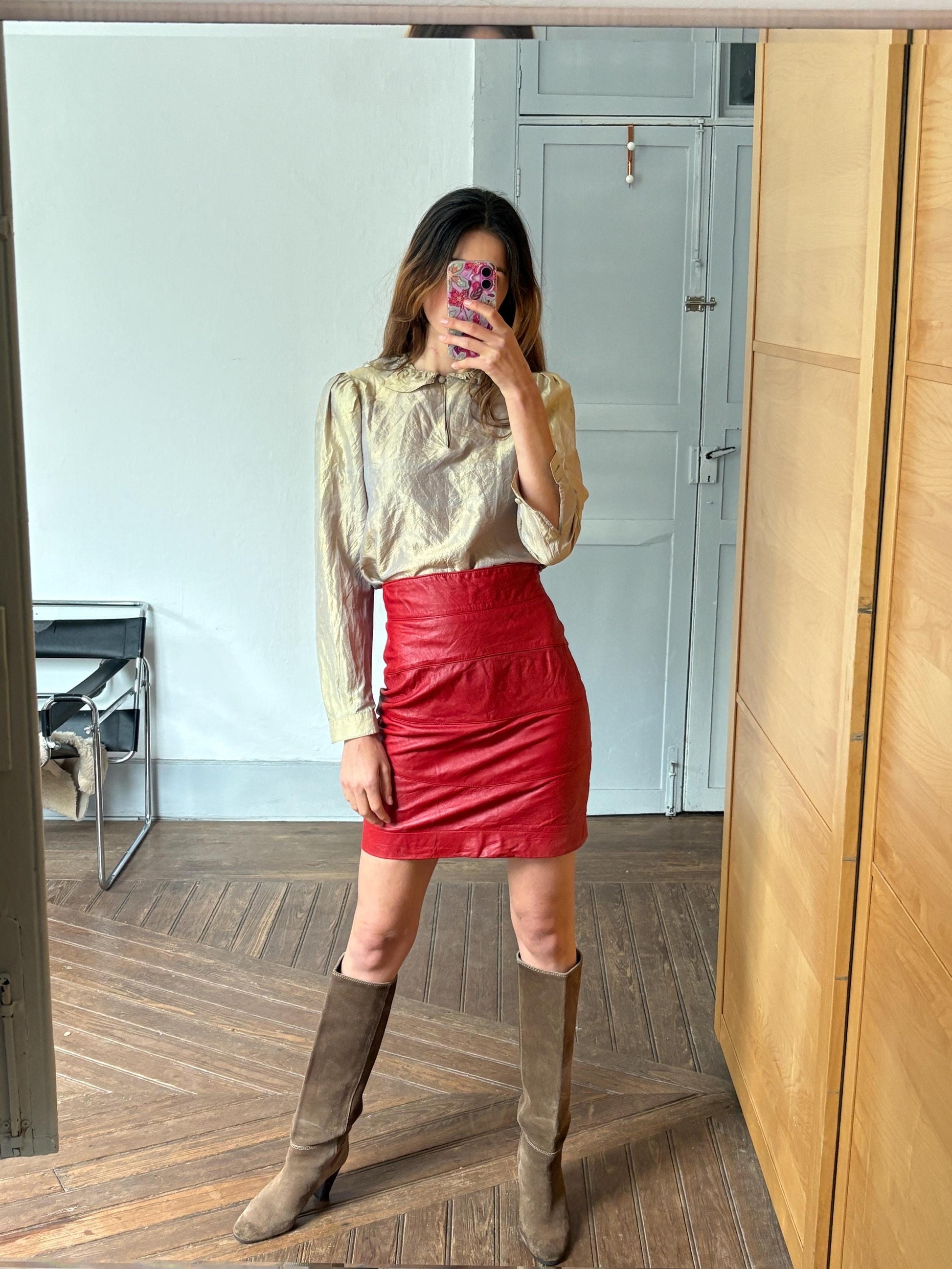 Vintage red leather pencil skirt for Saks fifth Avenue, Luxury designer warehouse high waist tight skirt, Emily in Paris statement outfit