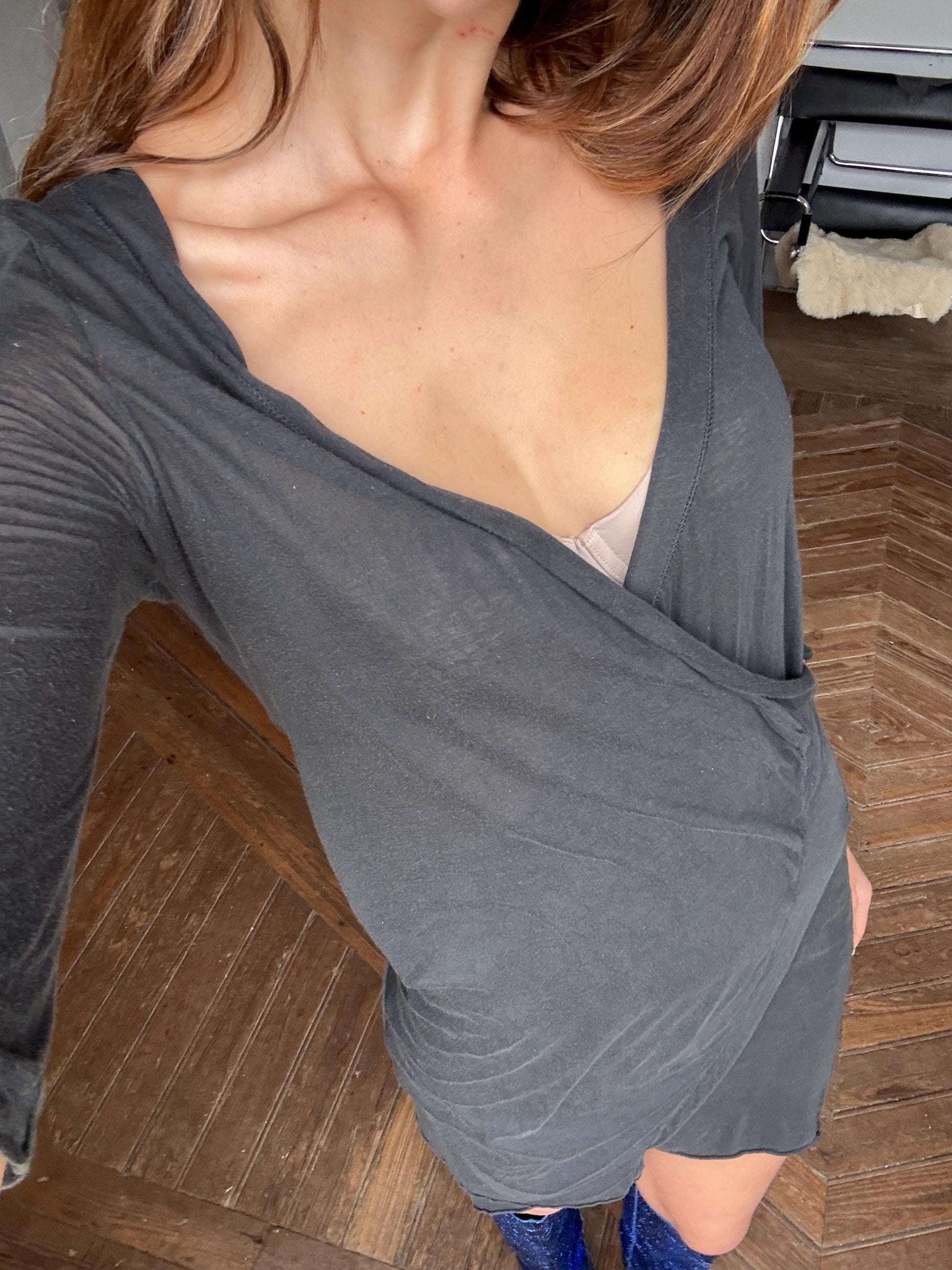 Vintage Humanoid Black Cotton Wrap Dress – Minimalist Sheer Summer Dress with Deep V Neckline – Italian Y2K Resort Wear (Size S)