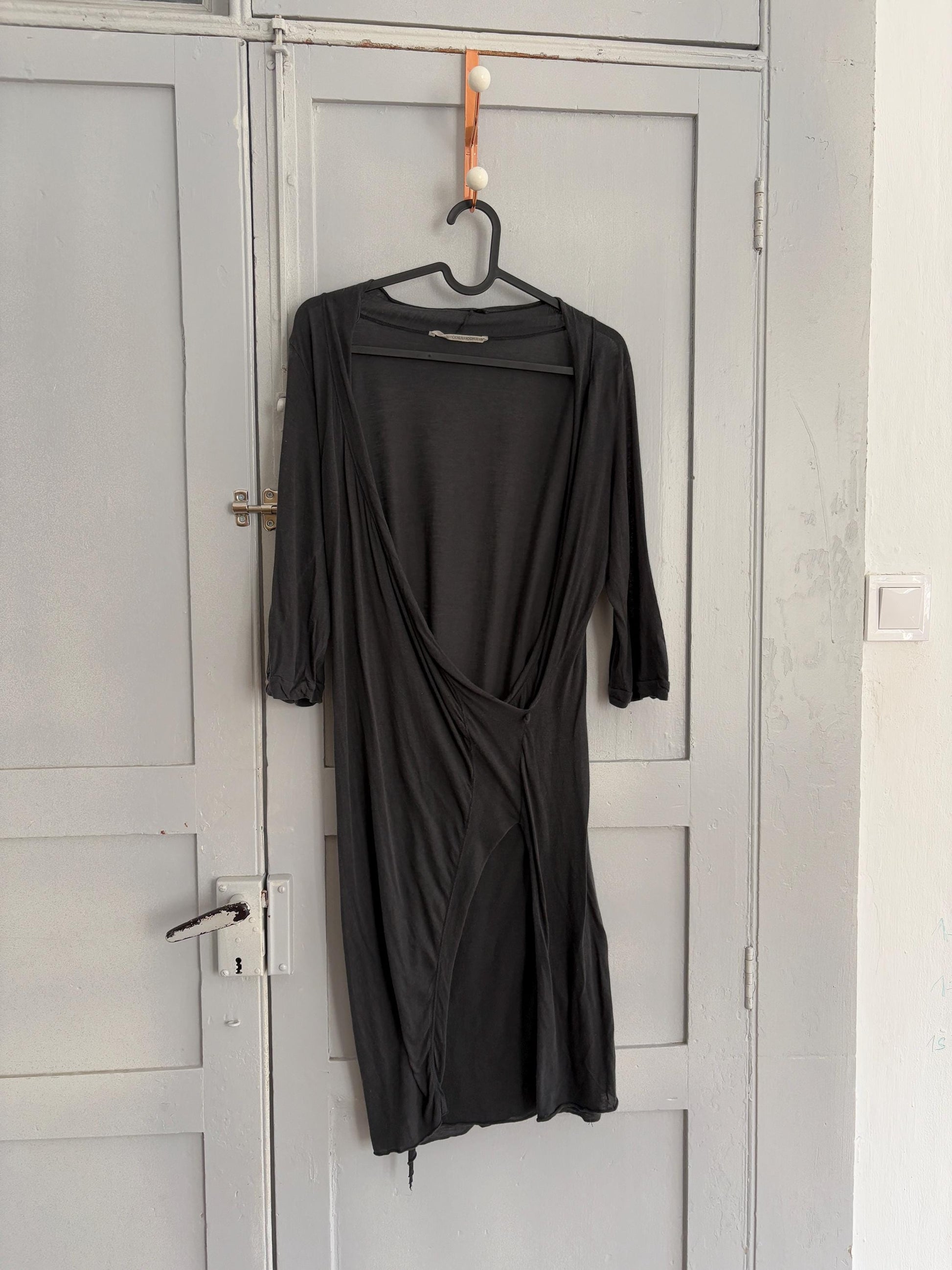 Vintage Humanoid Black Cotton Wrap Dress – Minimalist Sheer Summer Dress with Deep V Neckline – Italian Y2K Resort Wear (Size S)