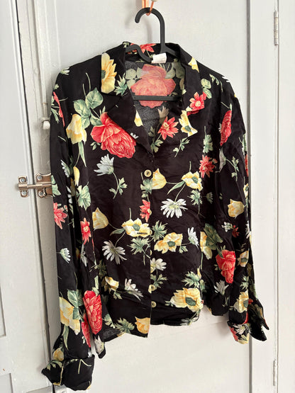 Vintage Floral Blouse, Black Long Sleeve, Retro 60s Top