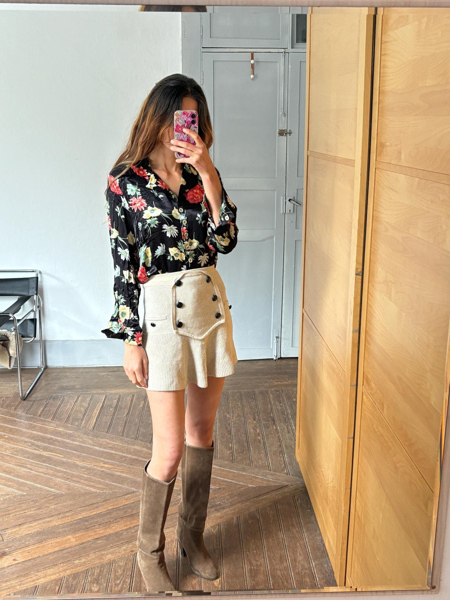 Vintage black flower top, Retro floral print woman blouse, 60s flower top, Long sleeve colourful feminine summer clothing