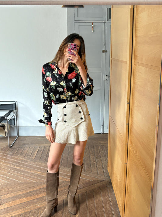 Vintage black flower top, Retro floral print woman blouse, 60s flower top, Long sleeve colourful feminine summer clothing