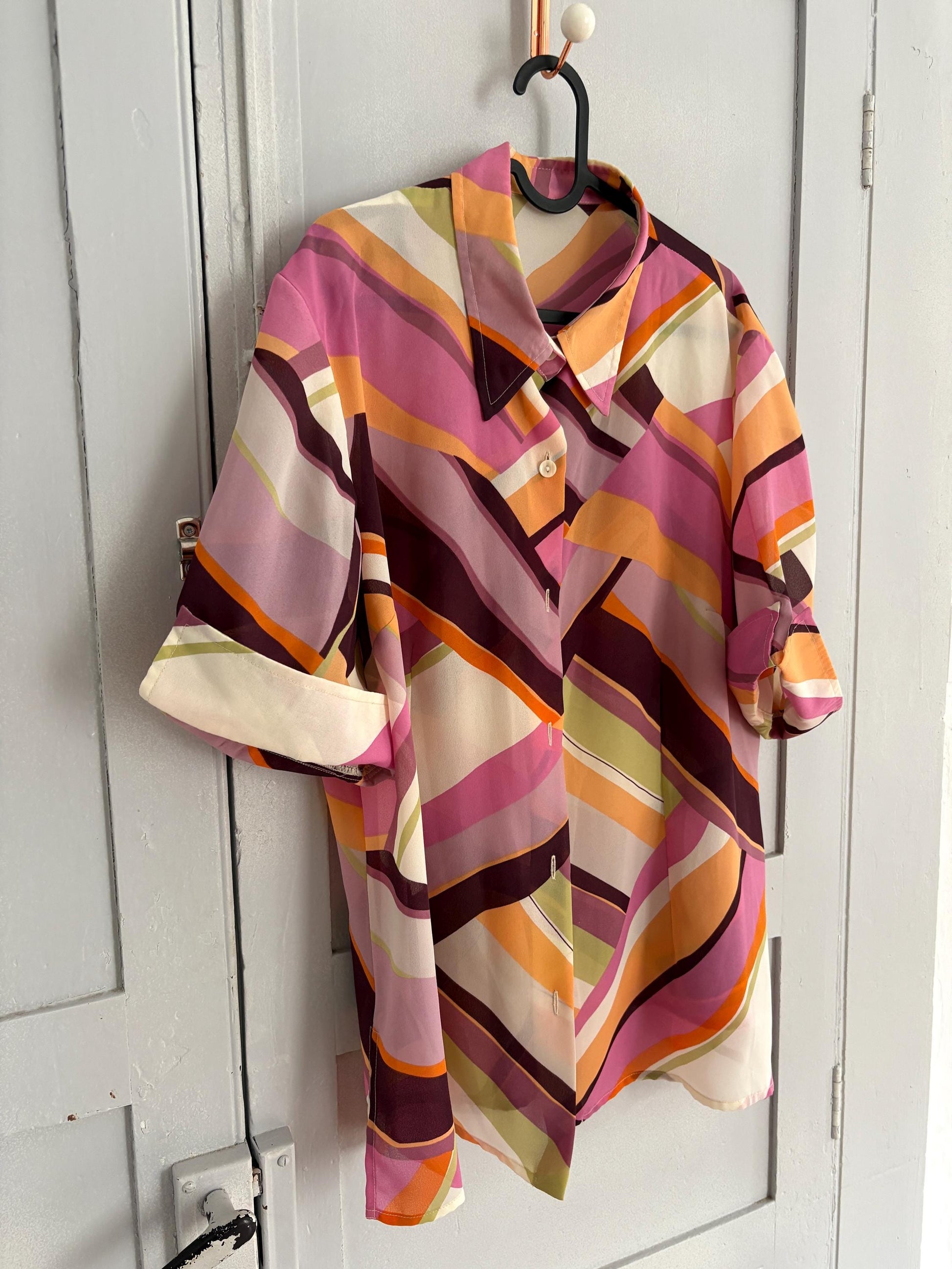 Vintage Colourful pink Shirt, Abstract feast of colours Print Button Up, Short Sleeve Summer Shirt, Unisex Relaxed Fit,