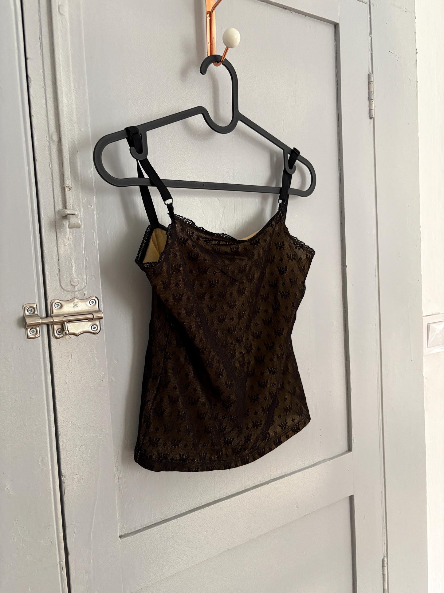 Vintage Black Lace Camisole, Sheer Mesh Lingerie Top, Penelope Cotton El Corte Inglés, Elegant Sleeveless Blouse, Size EU 38 (US 6-8)