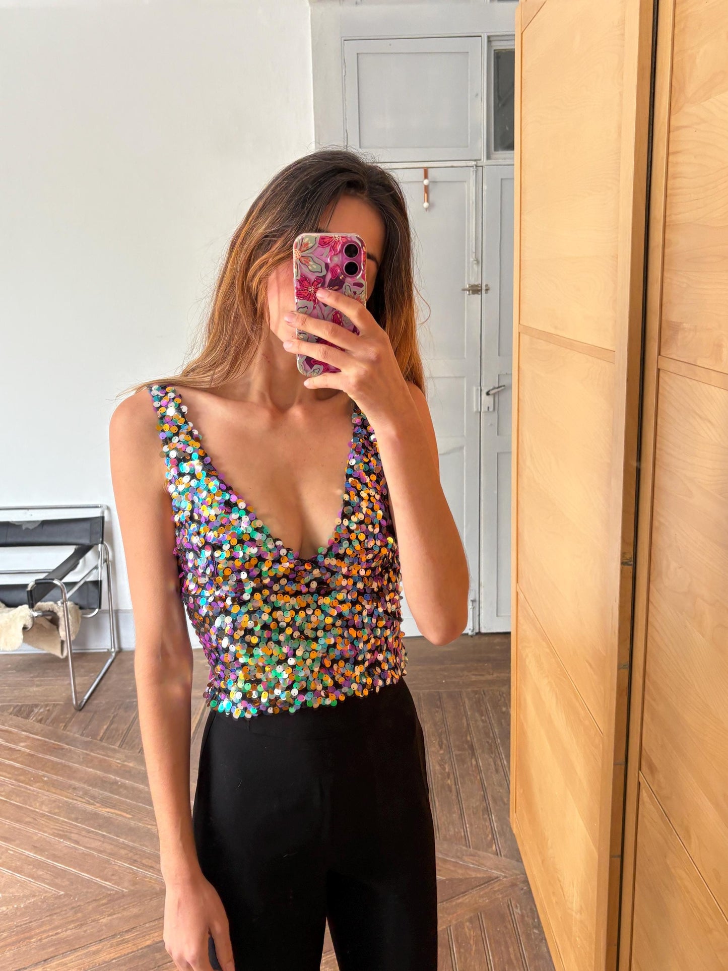 Vintage Sequin Crop Top – Multicolor Sparkle Party Tank – Sleeveless Y2K Glitter Vest – Size XS-S (US) / 34-36 (EU)