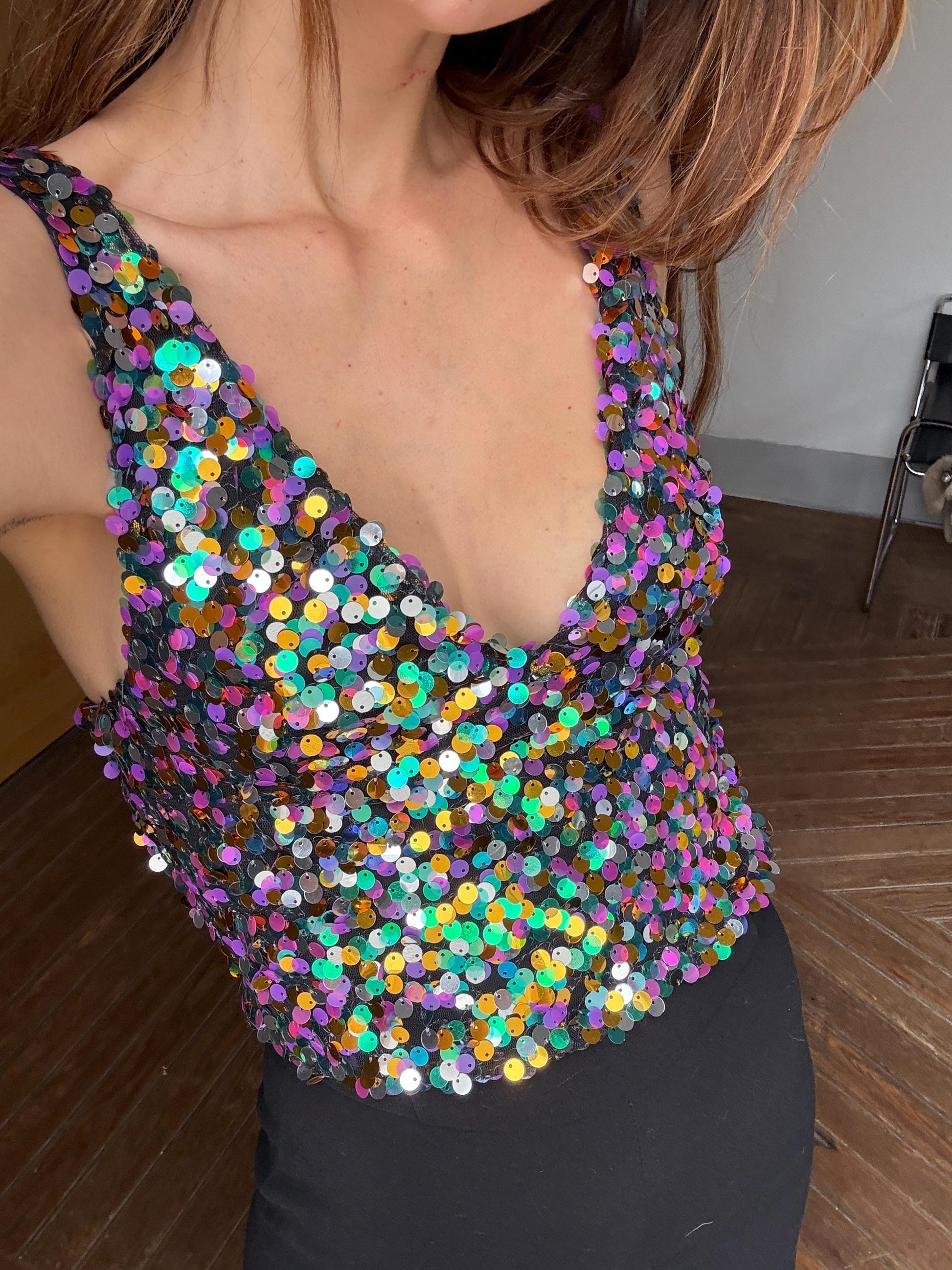 Vintage Sequin Crop Top – Multicolor Sparkle Party Tank – Sleeveless Y2K Glitter Vest – Size XS-S (US) / 34-36 (EU)