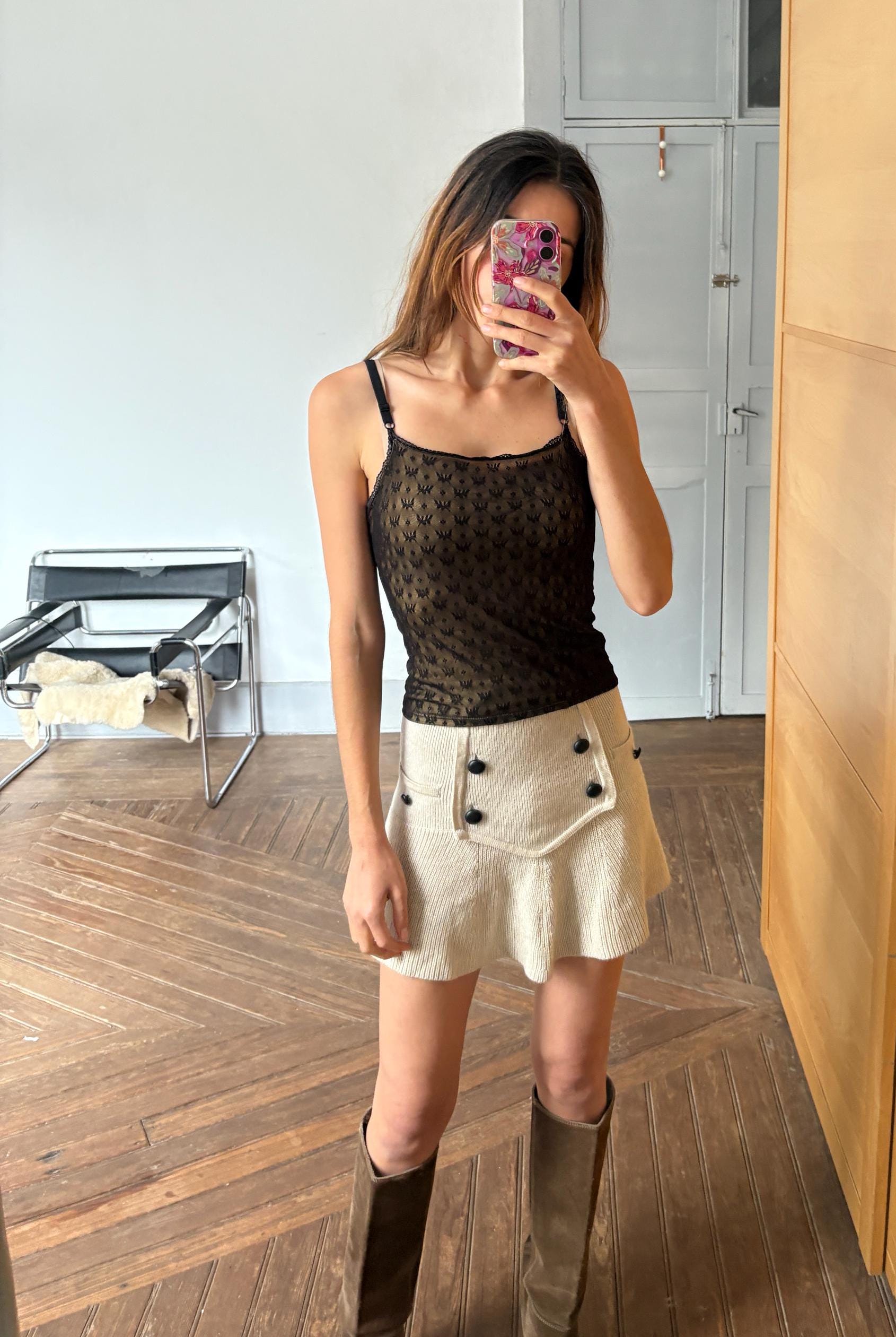 Vintage Black Lace Camisole, Sheer Mesh Lingerie Top, Penelope Cotton El Corte Inglés, Elegant Sleeveless Blouse, Size EU 38 (US 6-8)