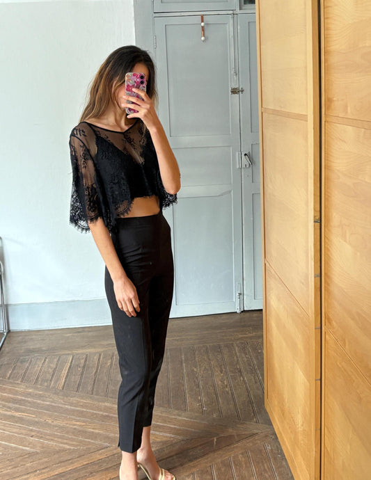 Sheer Black Lace Crop Top, Floral Mesh See-Through Blouse, Gothic Aesthetic Festival Top, Elegant Vintage Style Net Shirt, Size S