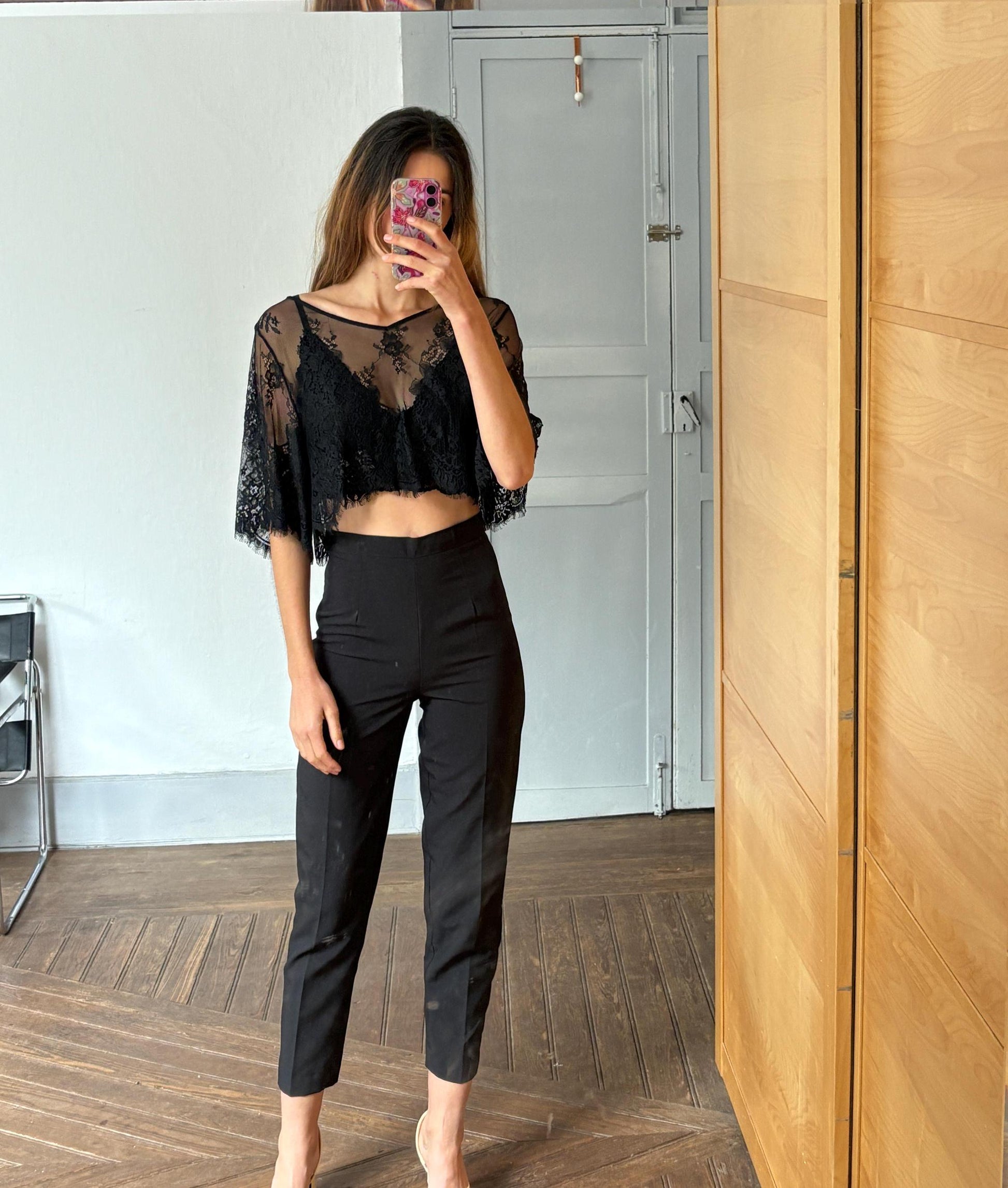 Sheer Black Lace Crop Top, Floral Mesh See-Through Blouse, Gothic Aesthetic Festival Top, Elegant Vintage Style Net Shirt, Size S