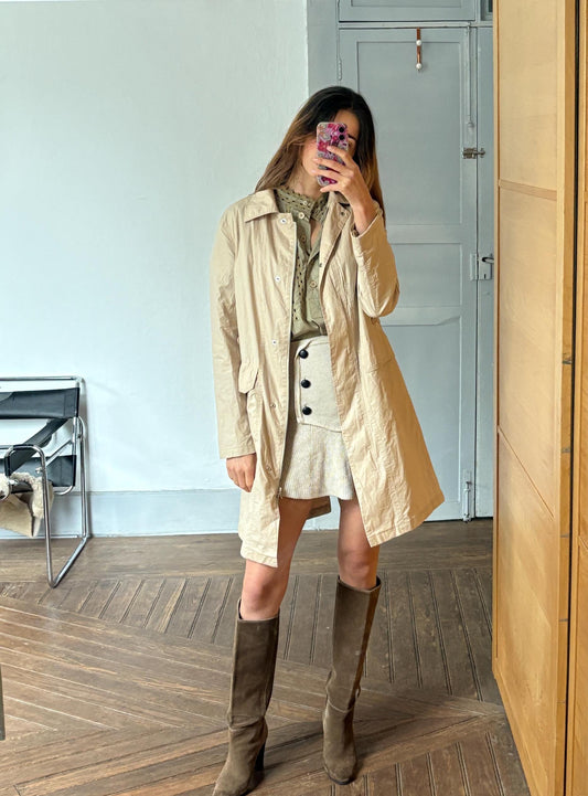 United Colors of Benetton Trench Coat, Beige Lightweight Windbreaker, Classic Long Jacket, Women’s Size L, Made in Italy