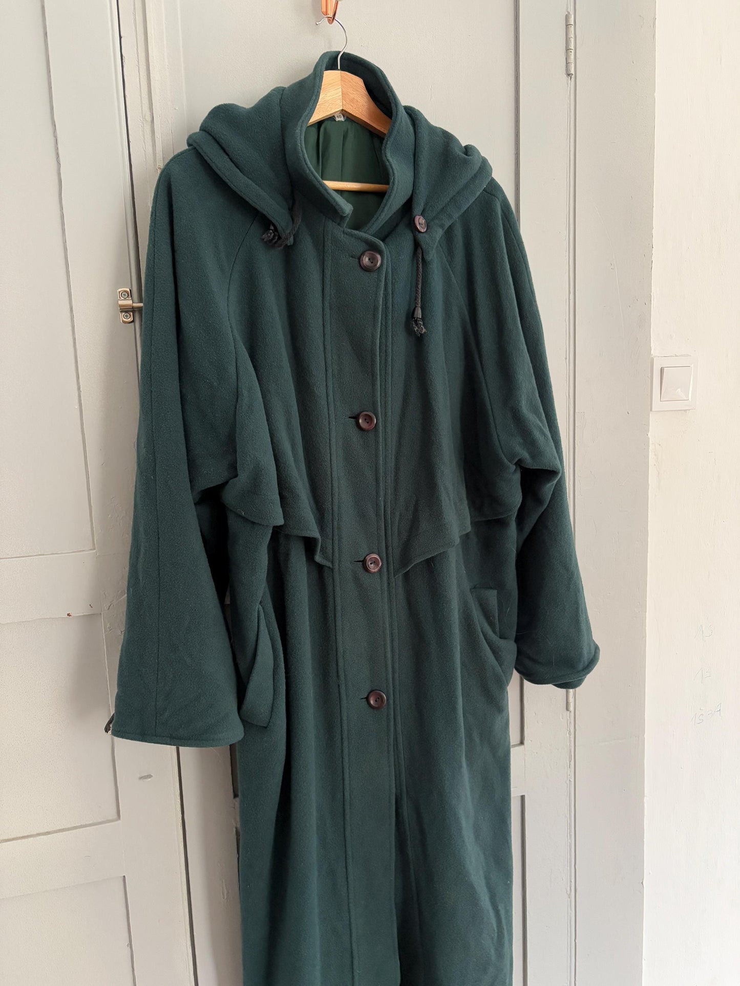 Vintage Dark Green Wool Long Coat – Hooded & Oversized Winter Coat, 90s Dark Academia Aesthetic, UK Made