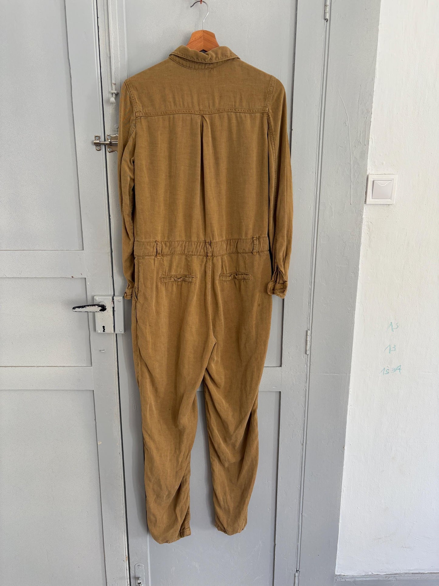 Vintage light brown jumpsuit, Retro linen and cotton long sleeve long pants playsuit, Tan workwear, Casual basic outfit, S