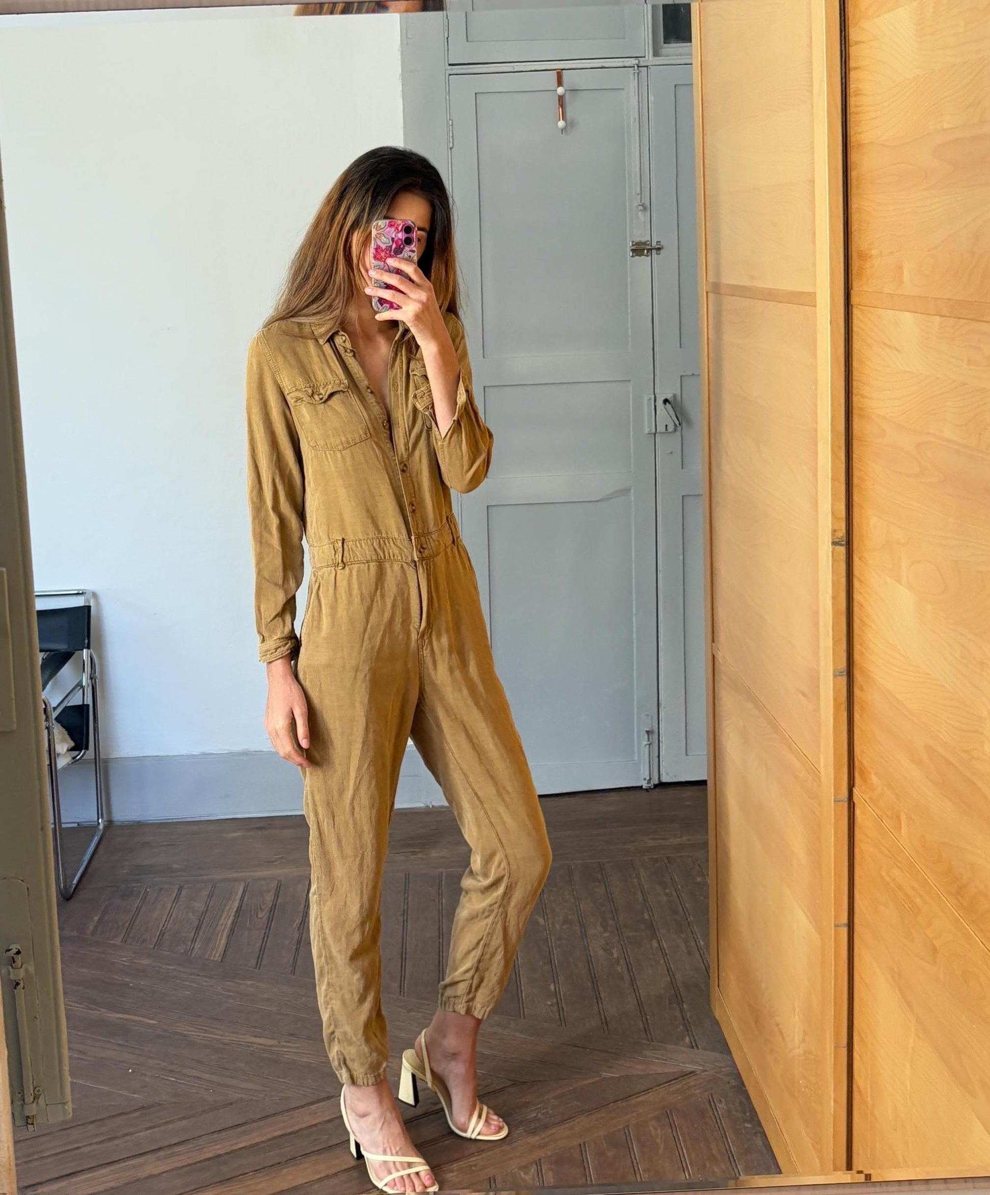 Vintage light brown jumpsuit, Retro linen and cotton long sleeve long pants playsuit, Tan workwear, Casual basic outfit, S