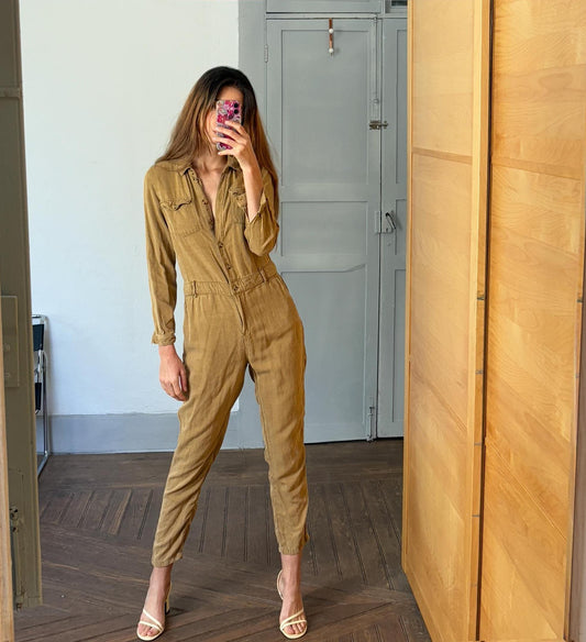 Vintage light brown jumpsuit, Retro linen and cotton long sleeve long pants playsuit, Tan workwear, Casual basic outfit, S