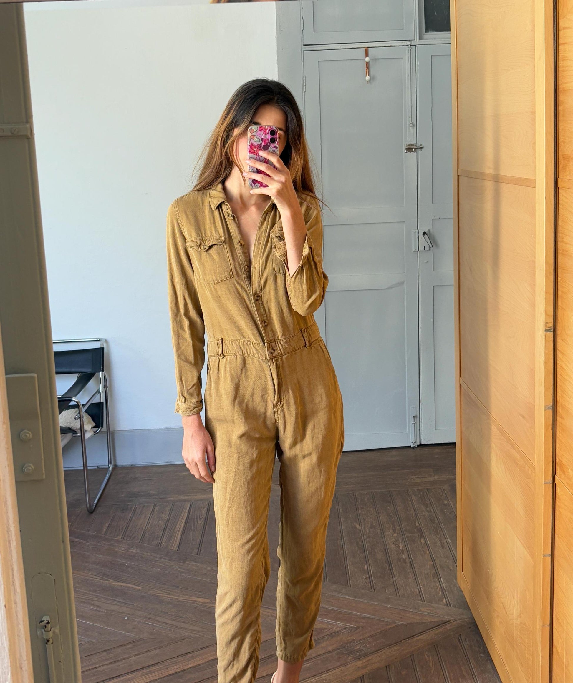 Vintage light brown jumpsuit, Retro linen and cotton long sleeve long pants playsuit, Tan workwear, Casual basic outfit, S