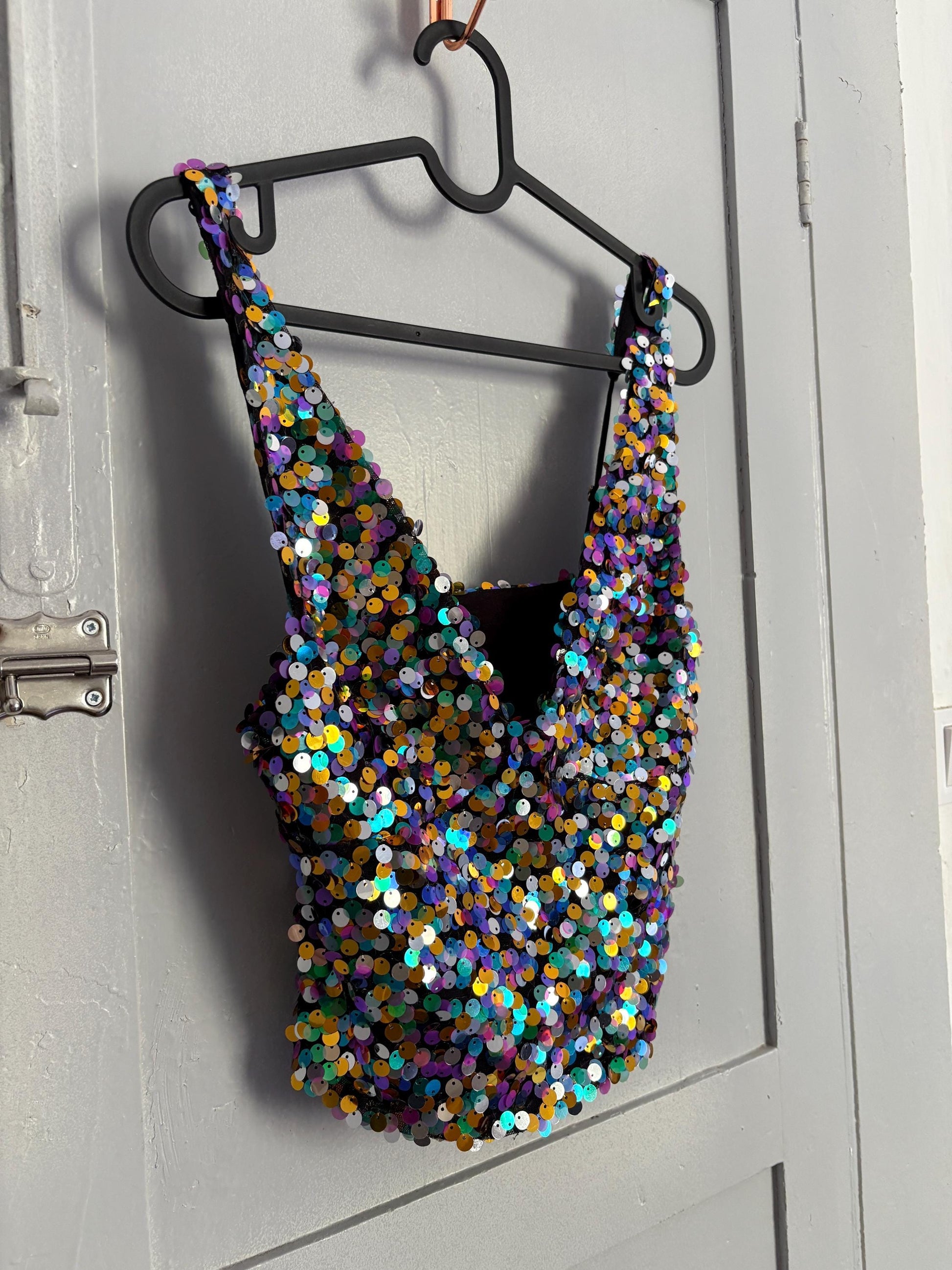 Vintage Sequin Crop Top – Multicolor Sparkle Party Tank – Sleeveless Y2K Glitter Vest – Size XS-S (US) / 34-36 (EU)