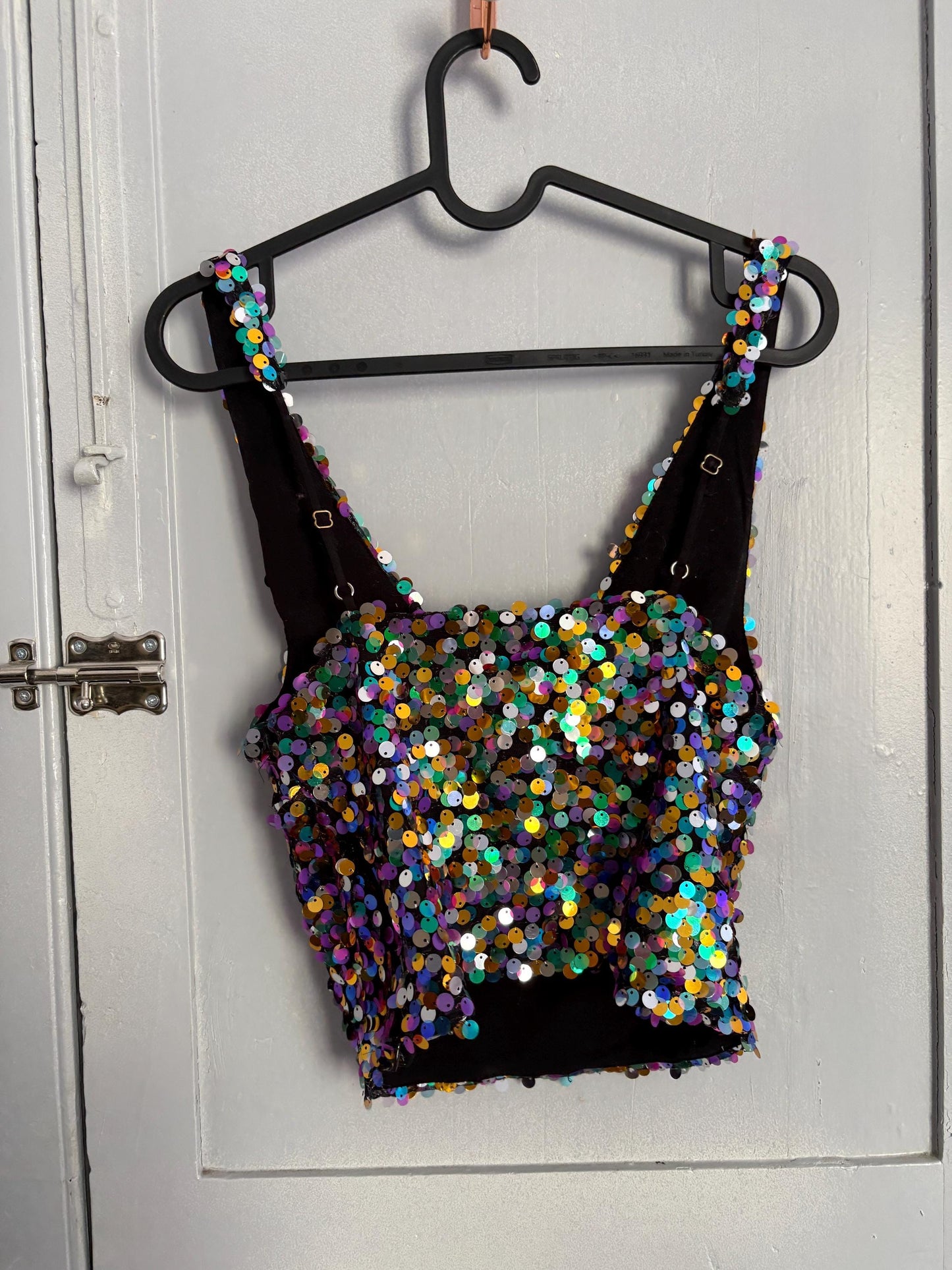 Vintage Sequin Crop Top – Multicolor Sparkle Party Tank – Sleeveless Y2K Glitter Vest – Size XS-S (US) / 34-36 (EU)