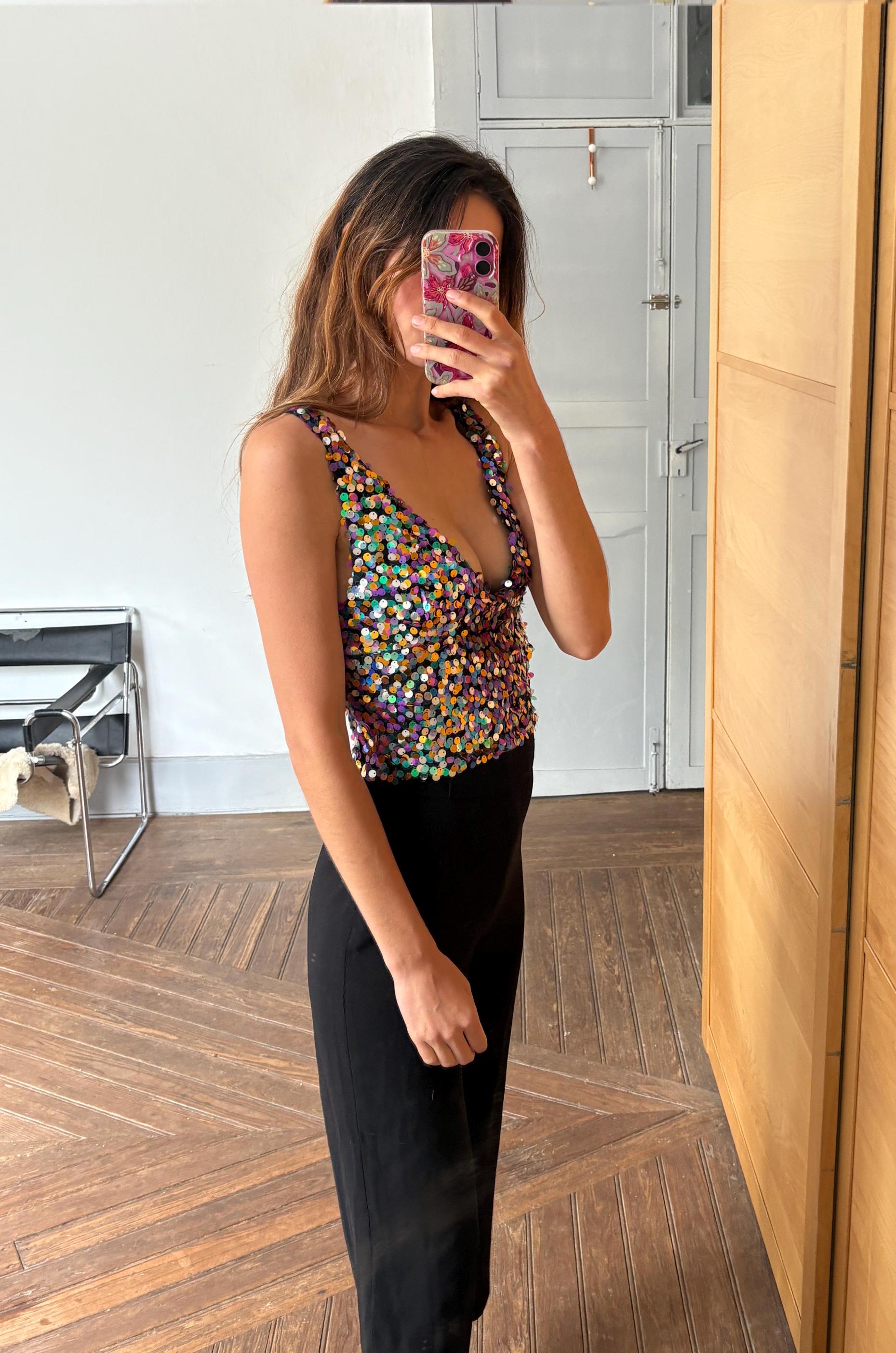 Vintage Sequin Crop Top – Multicolor Sparkle Party Tank – Sleeveless Y2K Glitter Vest – Size XS-S (US) / 34-36 (EU)