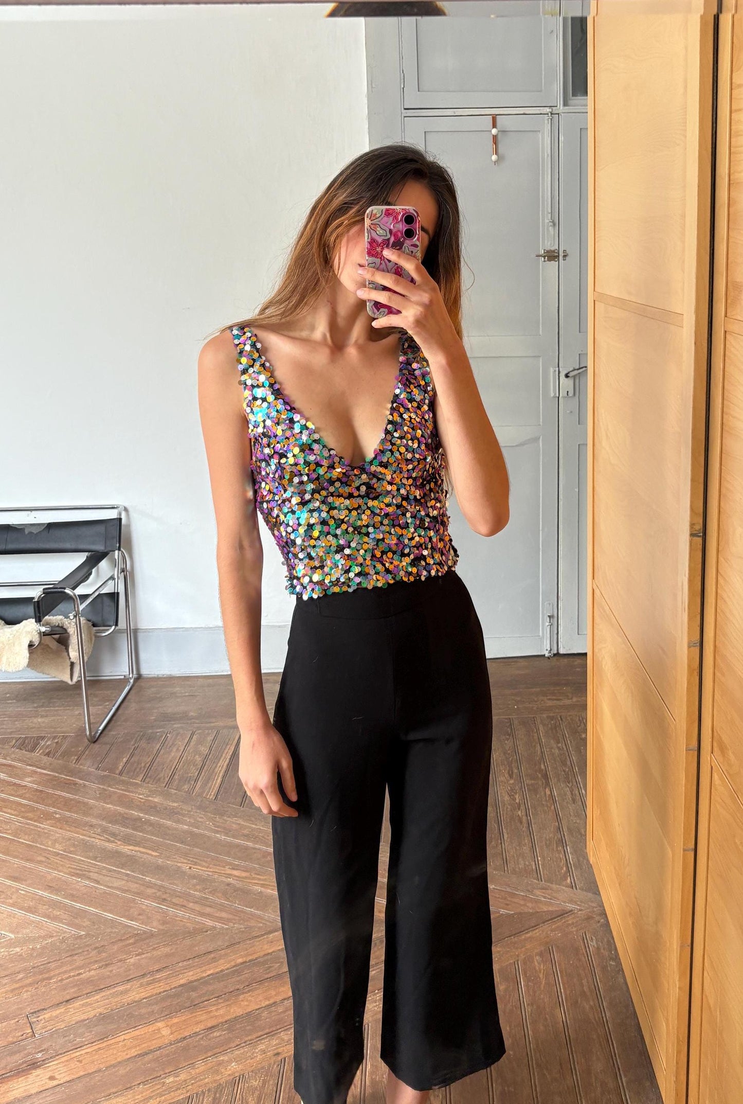 Vintage Sequin Crop Top – Multicolor Sparkle Party Tank – Sleeveless Y2K Glitter Vest – Size XS-S (US) / 34-36 (EU)