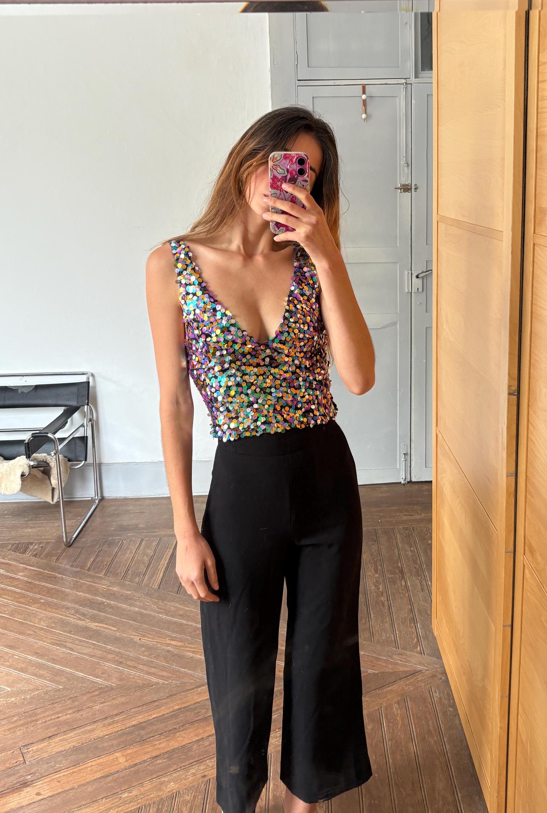 Vintage Sequin Crop Top – Multicolor Sparkle Party Tank – Sleeveless Y2K Glitter Vest – Size XS-S (US) / 34-36 (EU)