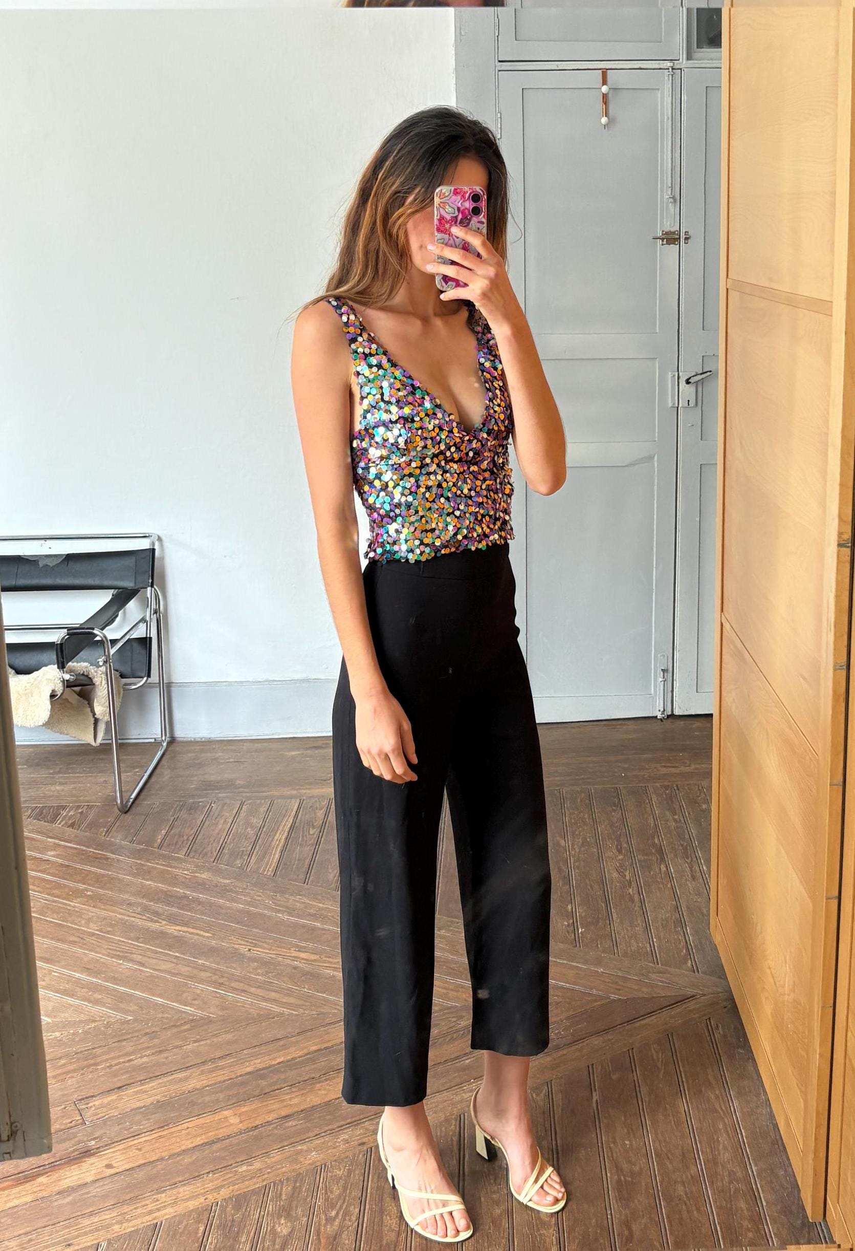 Vintage Sequin Crop Top – Multicolor Sparkle Party Tank – Sleeveless Y2K Glitter Vest – Size XS-S (US) / 34-36 (EU)