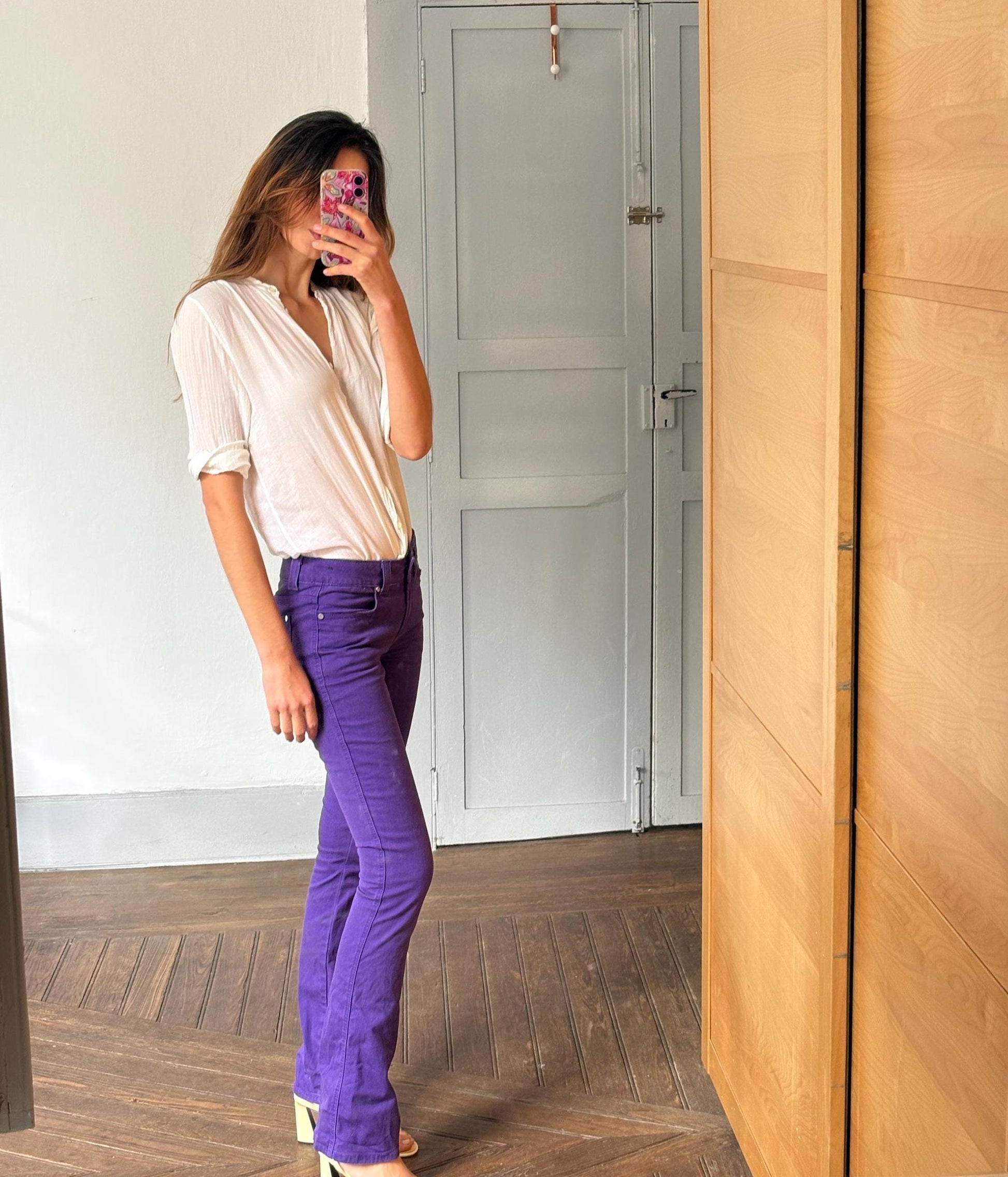 Vintage Pedro del Hierro Sport purple denim pants, Spanish designer jeans, low waist Y2K skinny fit, 90s sexy millennial style, Barbiecore,
