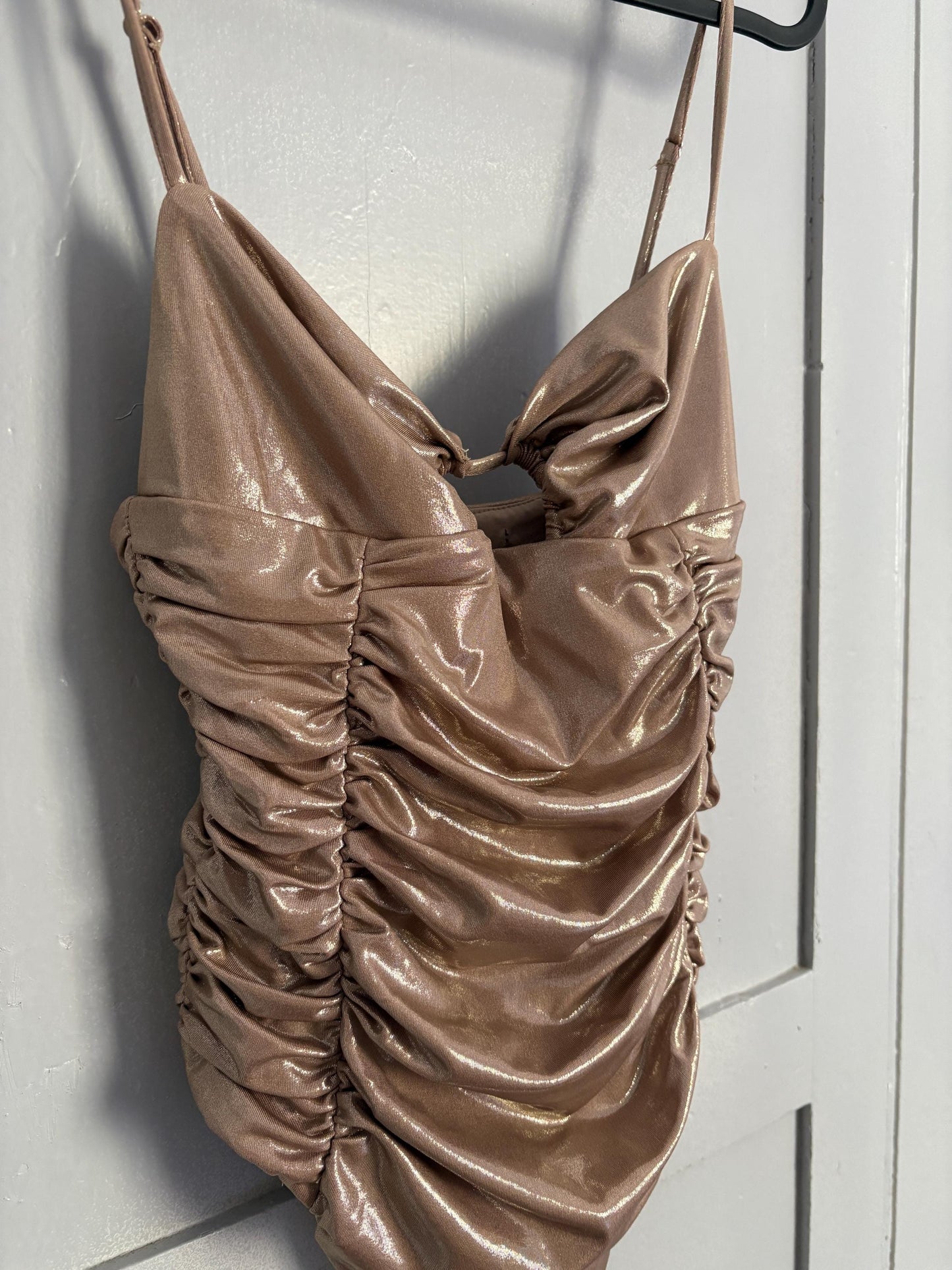 Sexy Gold Metallic Bodysuit – Y2K Party Glam top, Shiny NYE outfit