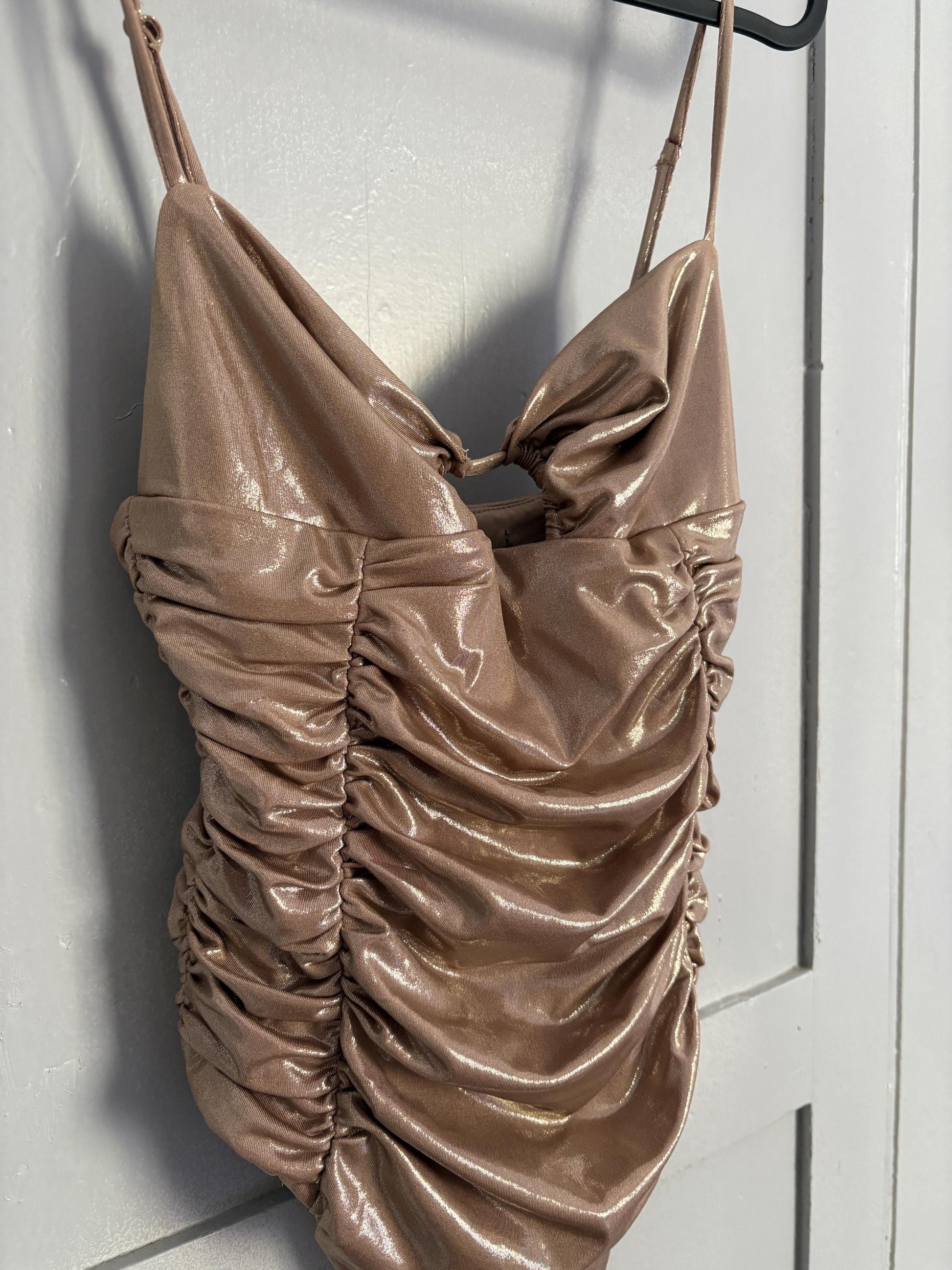 Sexy Gold Metallic Bodysuit – Y2K Party Glam top, Shiny NYE outfit