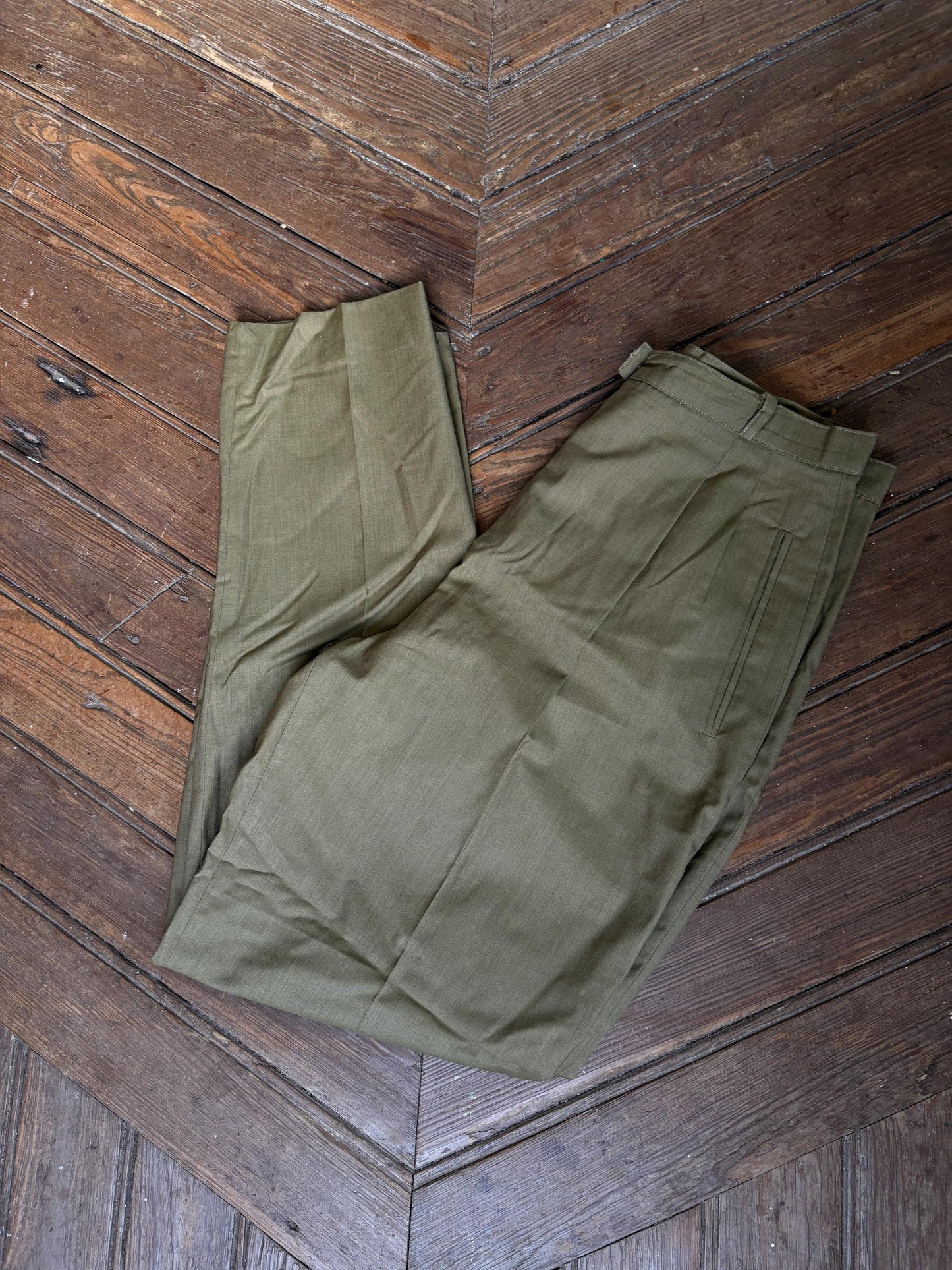 Vintage Italian Wool Trousers by I Blues – High-Waisted Green Tailored Pants, Made in Italy, IT 48