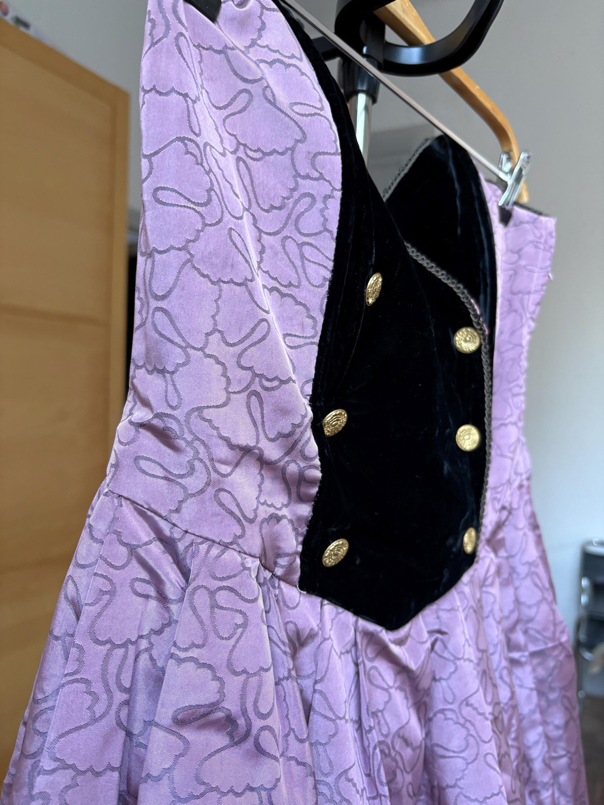 Vintage Spanish designer unique Paco Guzman Strapless Velvet & Satin Dress – Gothic Rococo Inspired outfit, Purple and black velvet costume
