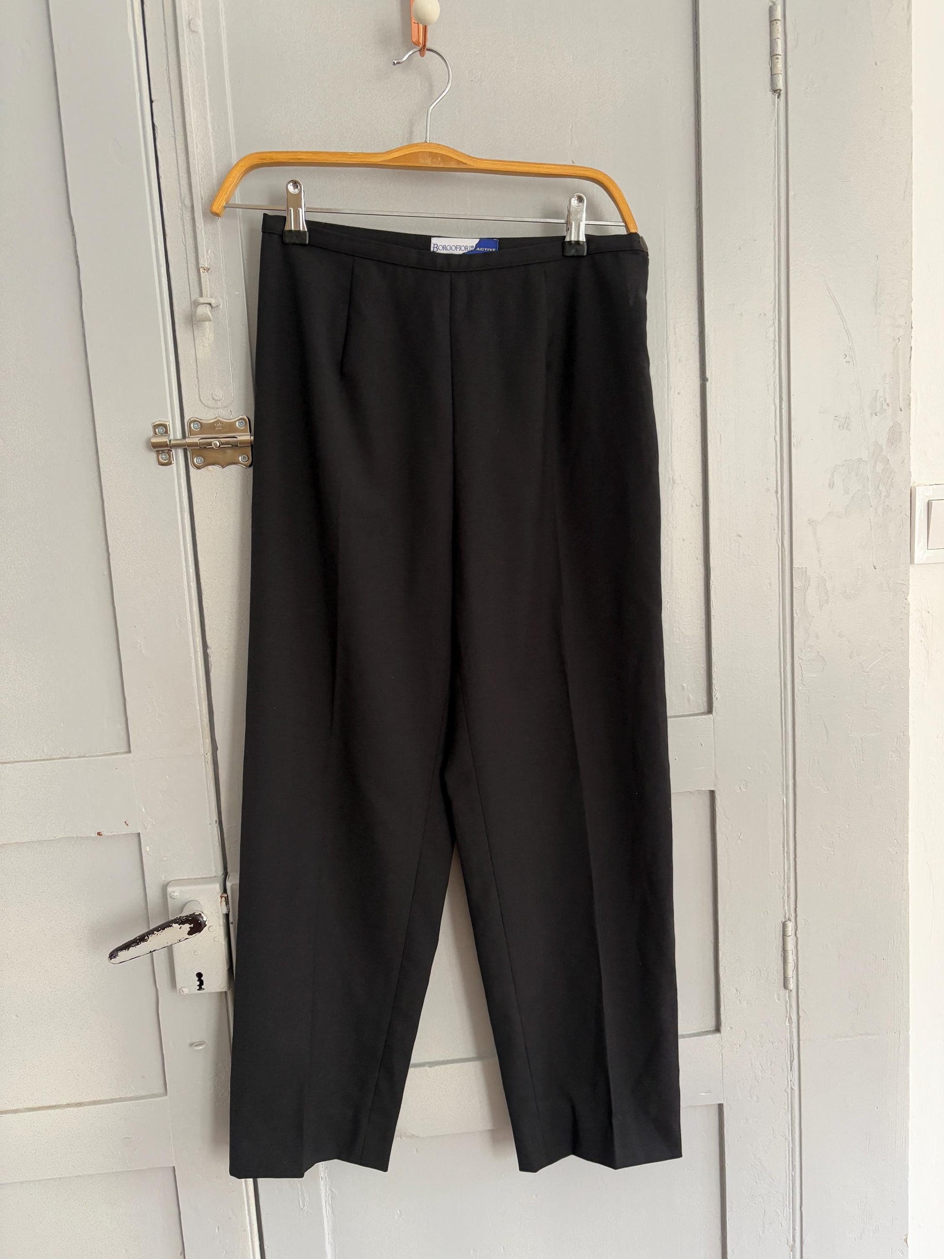 Vintage Borgofiori Black Wool Pants – High-Waisted Cropped Trousers – Made in Italy – Minimalist Chic
