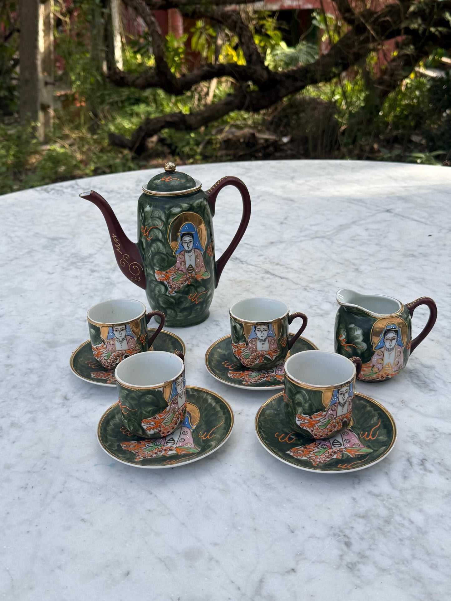 Vintage Hand-Painted Japanese Tea Set – Kutani Moriage Dragon Design, Made in Japan 1920s-1940s, Porcelain Teapot & Cups