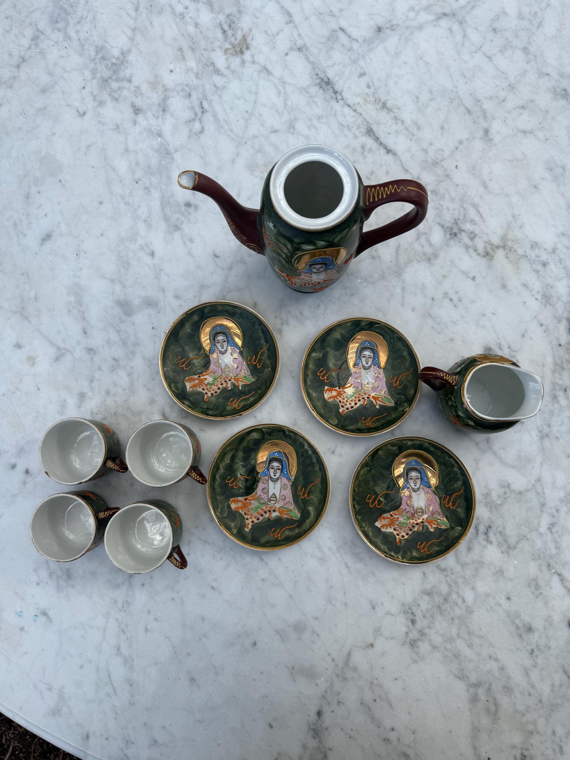 Vintage Hand-Painted Japanese Tea Set – Kutani Moriage Dragon Design, Made in Japan 1920s-1940s, Porcelain Teapot & Cups