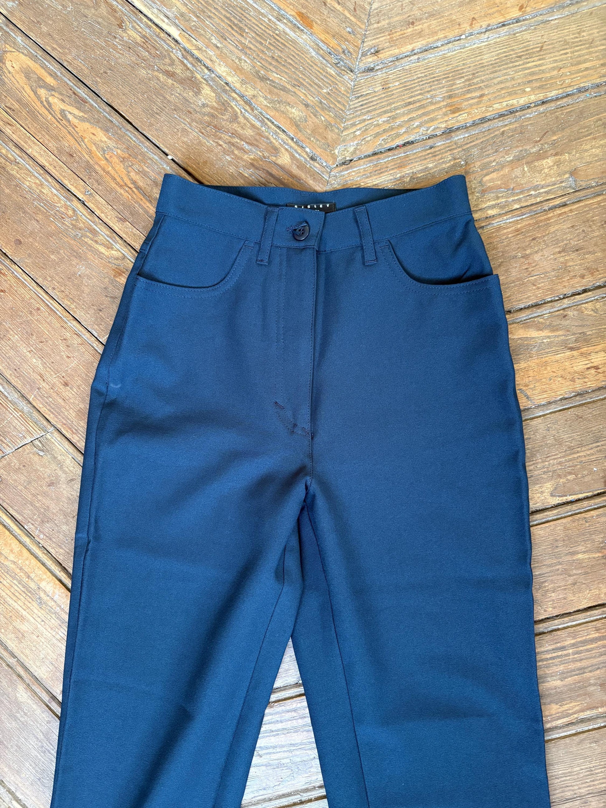 Vintage Sisley Dark Blue High Waist Skinny Trousers – Made in Italy – Minimalist Y2K Office Chic Pants – Size XS
