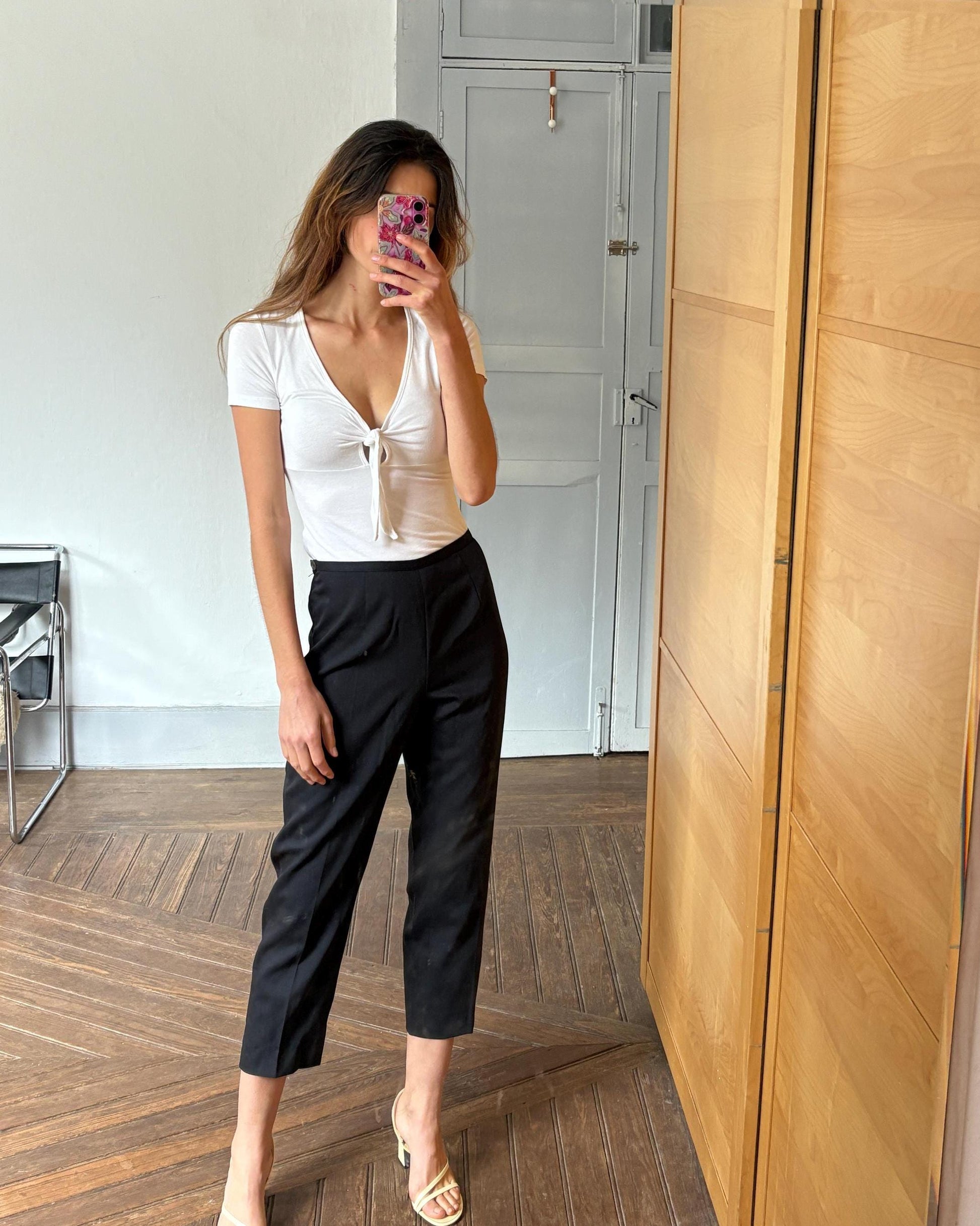 Vintage Borgofiori Black Wool Pants – High-Waisted Cropped Trousers – Made in Italy – Minimalist Chic