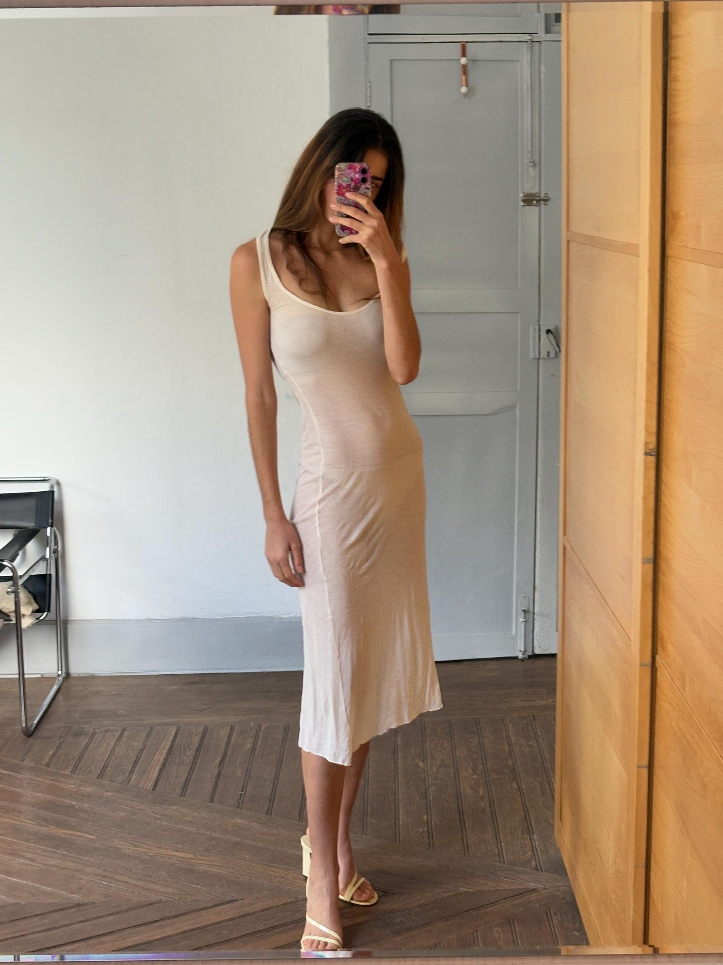 Vintage off white sheer maxi dress, Super sexy see through open neckline night gown, Soft Elastic Minimalist nightie, Basic long pyjamas