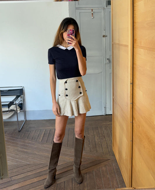 Vintage Dark Academia aesthetic shirt with white collar, Cute dark blue short sleeve t-shirt, XXS - XS