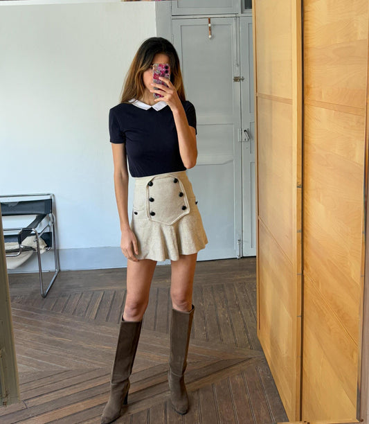 Vintage Dark Academia aesthetic shirt with white collar, Cute dark blue short sleeve t-shirt, XXS - XS