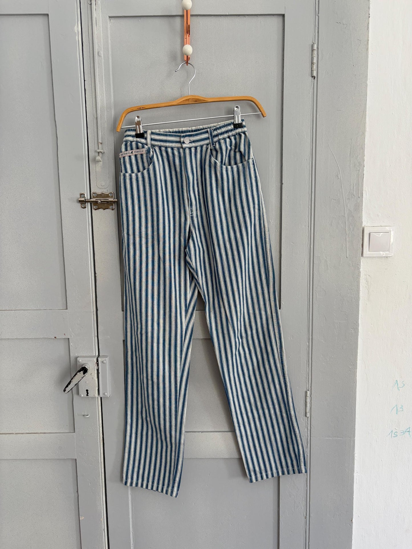 Vintage blue and white Captain Tortue pants, Dead stock fun trousers, High waist cropped chino pants, XS